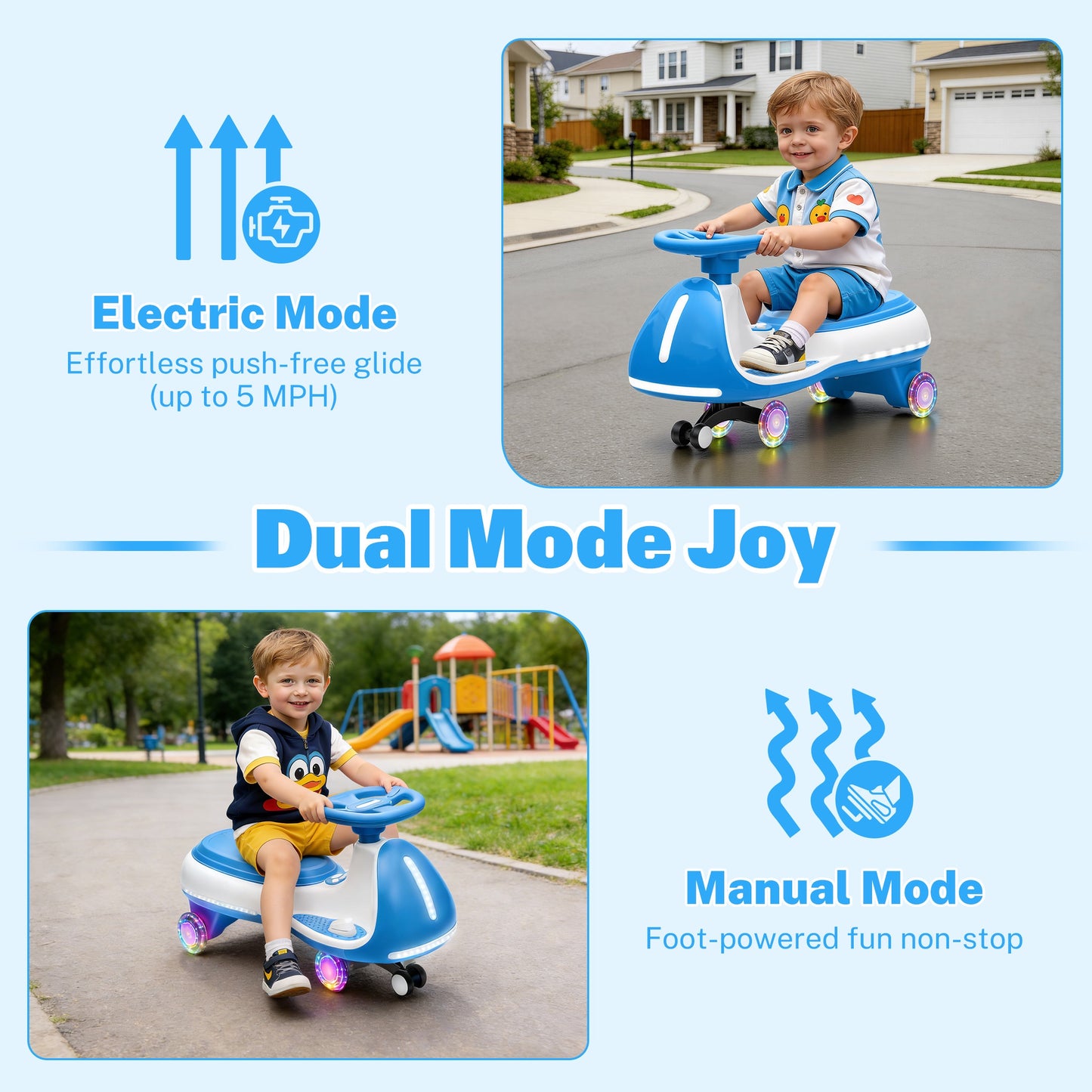 iRerts 12V Ride on Toys, Electric Ride on Wiggle Car with Pedal, 2 in 1 Swing Car Kids Wiggle Car for Toddlers Ages 3+, Kids Cars with Flashing PU Wheels, Bluetooth Music, 5MPH Max Speed, Blue