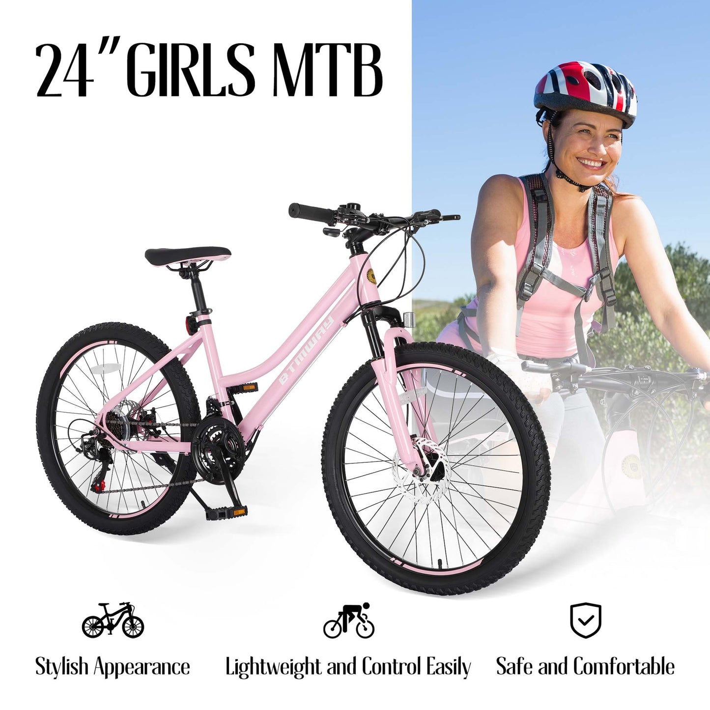 Mountain Bike, iRerts 24 Inch Mountain Bike for Girls, Shimano 21 Speed MTB Women Bicycle with Dual Disc Brakes and Front Suspension Fork, Outdoor Cycling Bike for Adult Work School Commuting, Pink
