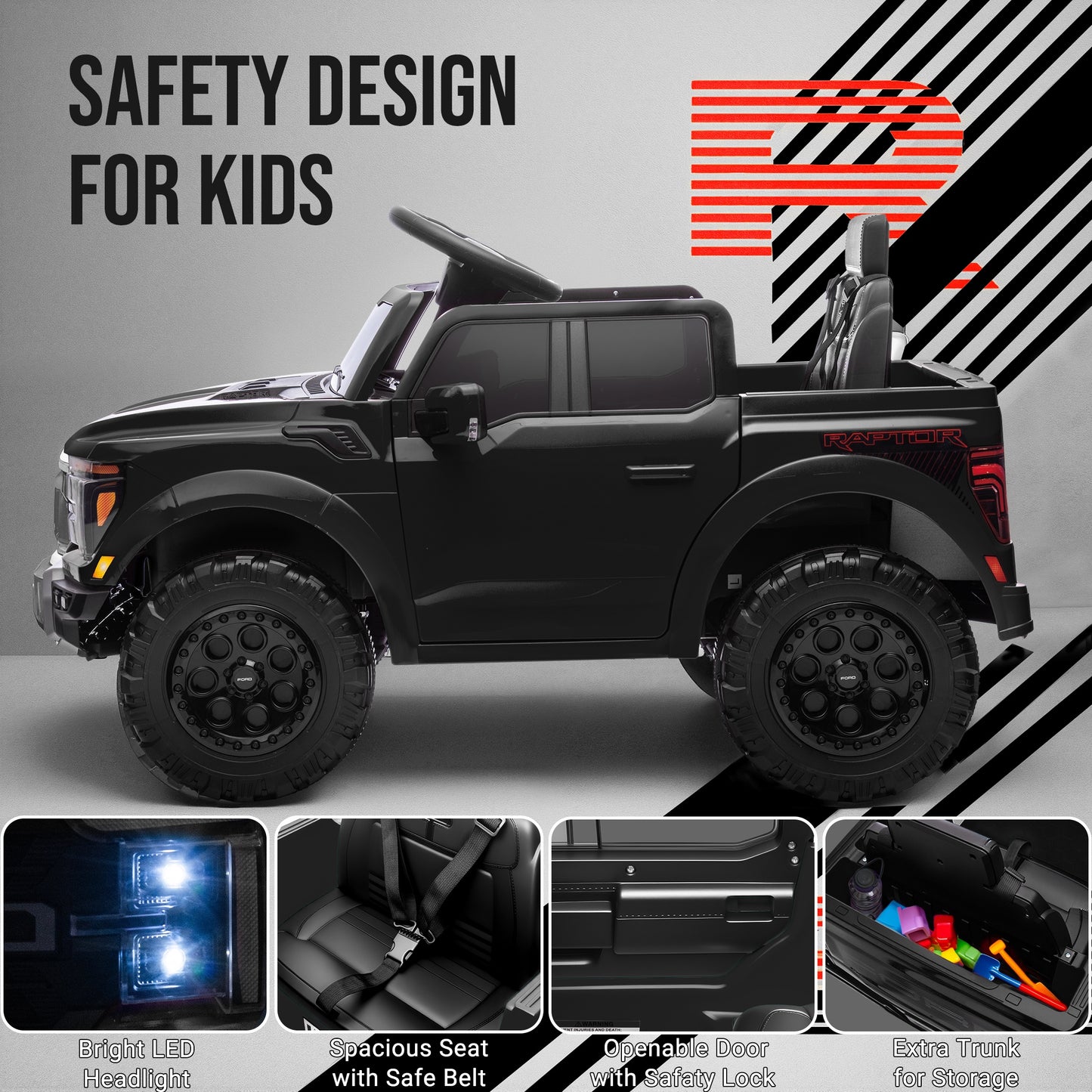 12V Ride on Cars with Remote Control, Licensed Ford F 150 Raptor Powered Ride on Toys with Bluetooth, Radio, LED Light, 4 Wheels Suspension, Kids Cars Electric Vehicles for Boys Girls Ages 3-6, Black
