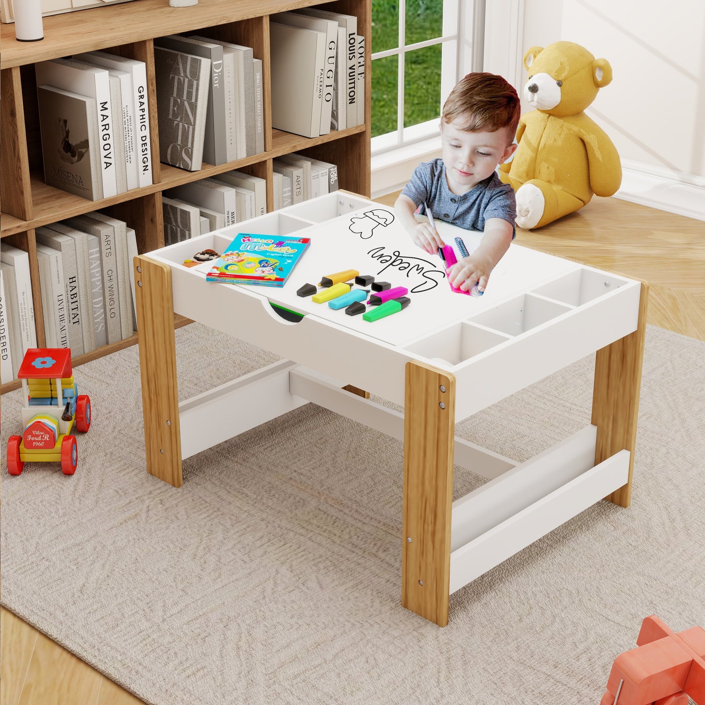 Kids Activity Table, 2 in 1 Reversible Kids Play Table with Building Bricks, Whiteboard, Toy Organizer Compatible, Wood Building Block Desk for Drawing, Reading, Arts, Crafts, White
