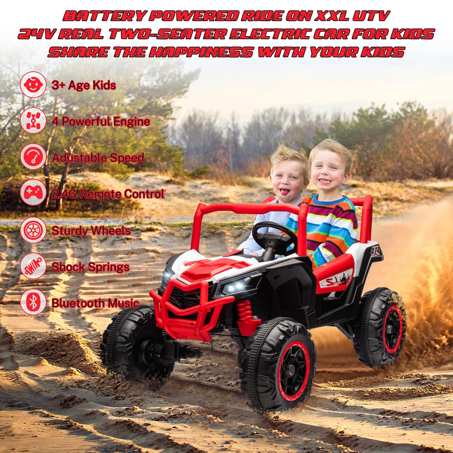 iRerts 24V Ride on UTV Cars 2 Seater, Kids Electric Ride on Toy Car with Remote Control, Music, LED Light, USB, Bluetooth, Kids Electric Vehicle for Christmas Birthday Gifts, Red