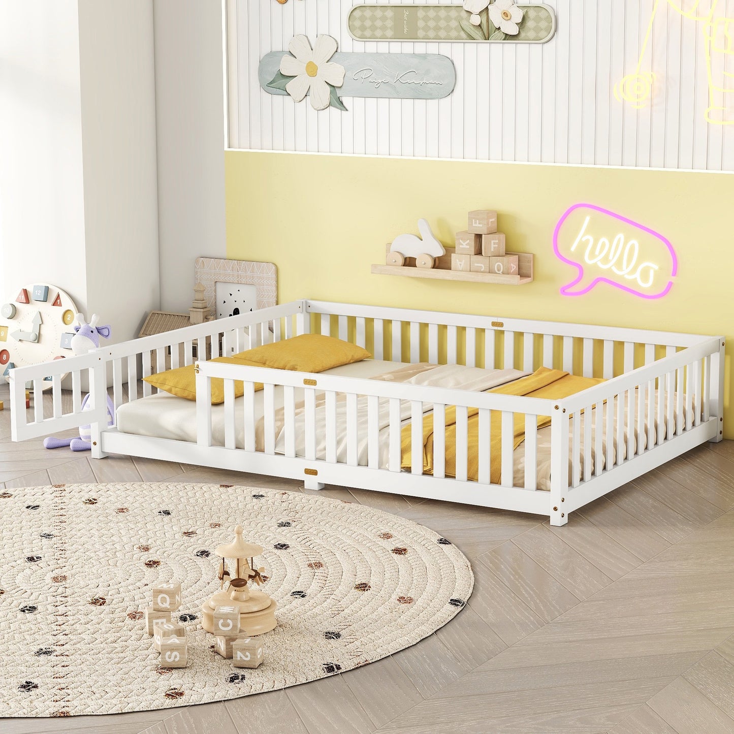 iRerts Queen Floor Bed Frame for Toddlers Kids, Wood Queen Montessori Bed Frame with Slats, Fence, Door, Kids Montessori Bed Queen Size, Queen Toddler Bed Frame for Boys Girls, White