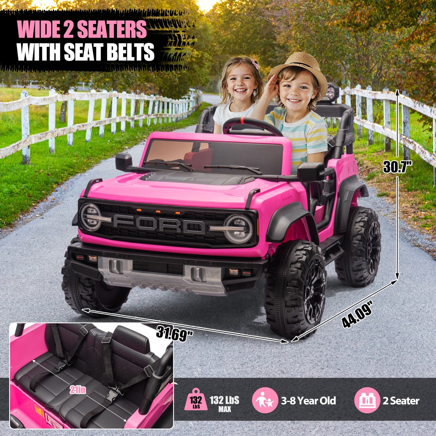 Ford Bronco Raptor 24V Ride on Toys, 2 Seater Ride on Cars with Remote Control, Bluetooth Music, Spring Suspension, Battery Powered Electric Car for Kids Ages 3-8, Pink