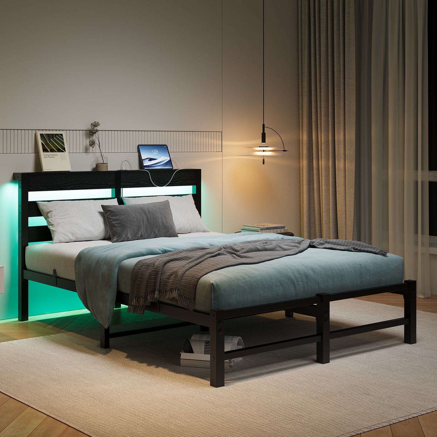 iRerts Full Bed Frame with Headboard, Metal Platform Bed Frame Full Size with USB Charging Station, LED Lights, Steel Slats, LED Bed Frame No Box Spring Needed for Bedroom Furniture, Black