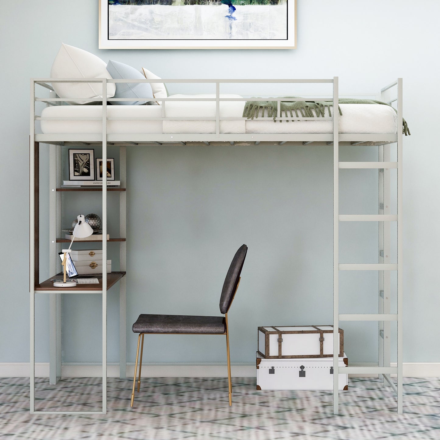 iRerts Twin Loft Bed, Twin Metal Loft Bed with 2 Shelves and 1 Desk, Twin Size Loft Bed with Safety Guardrail, Modern Twin Loft Bed Frame for Dorm Bedroom Guest Room, No Box Spring Needed, Silver