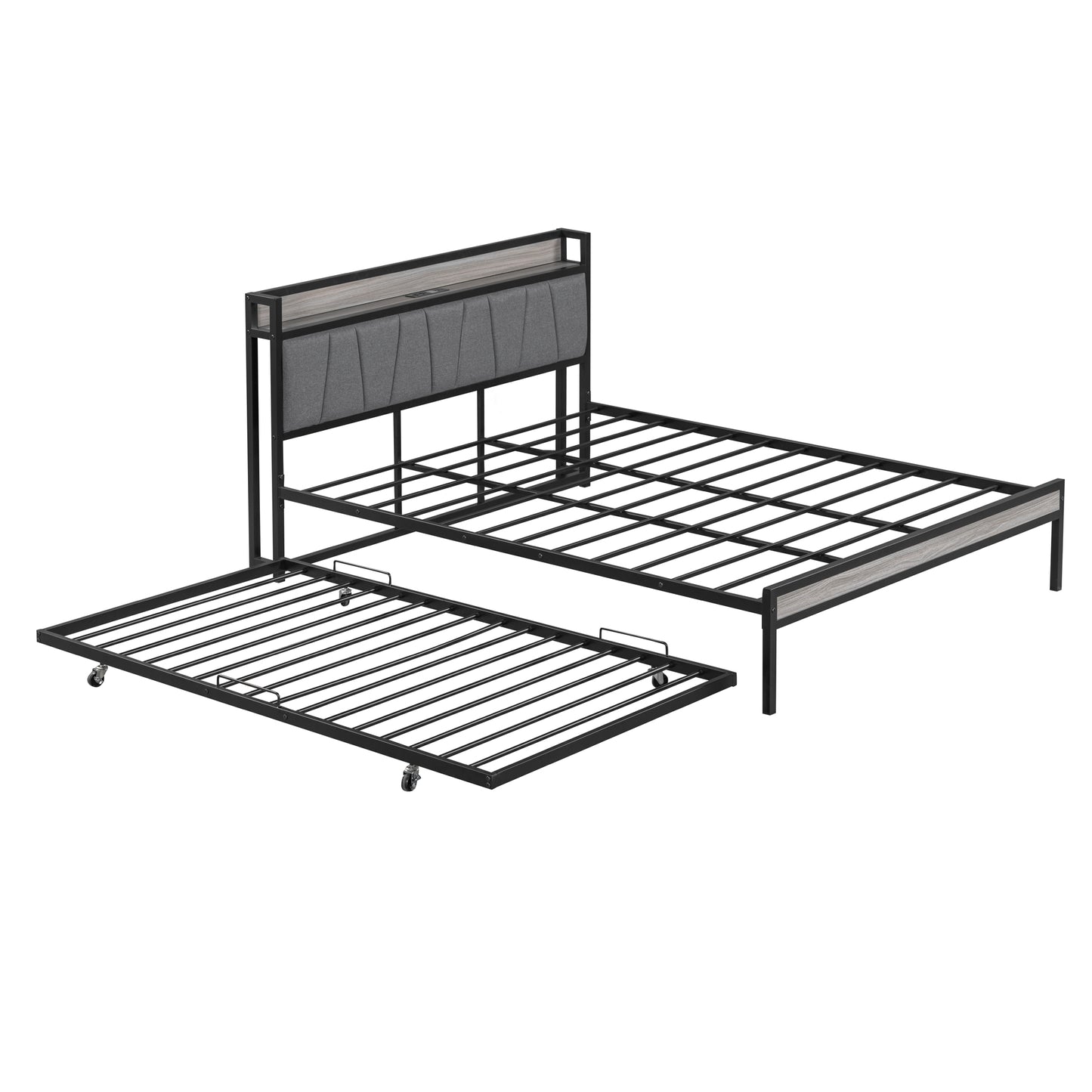 Queen Size Metal Platform Bed Frame with Twin Size Trundle, Queen Size Bed Frame with Upholstered Headboard, USB Ports, Steel Slat Support, Queen Bed Frame No Box Spring Needed for Bedroom, Black