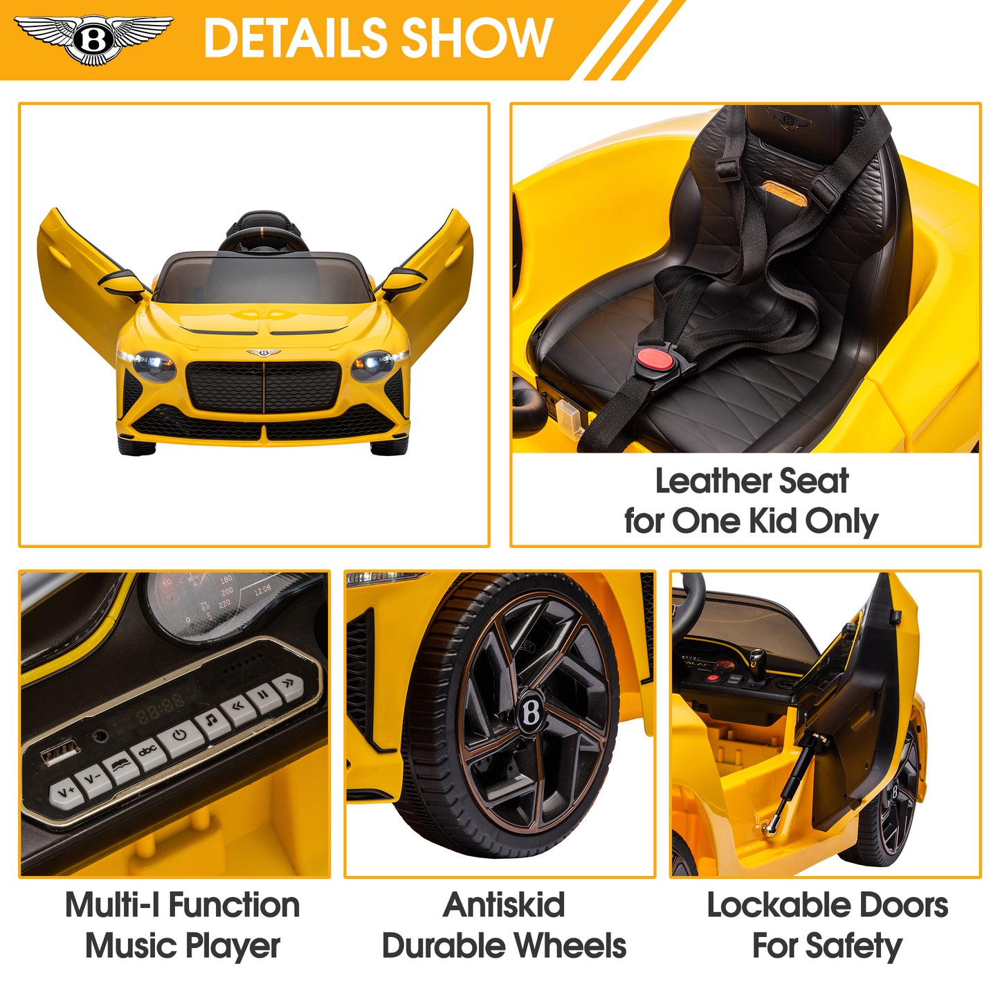 Bentley Mulsanne 12V Ride On Cars with Remote Control, Battery Powered Kids Ride on Toys, Ride On Vehicle with Bluetooth, Music, USB, MP3, Light, Electric Car for Kids Boys Girls Birthday Gift, Yellow