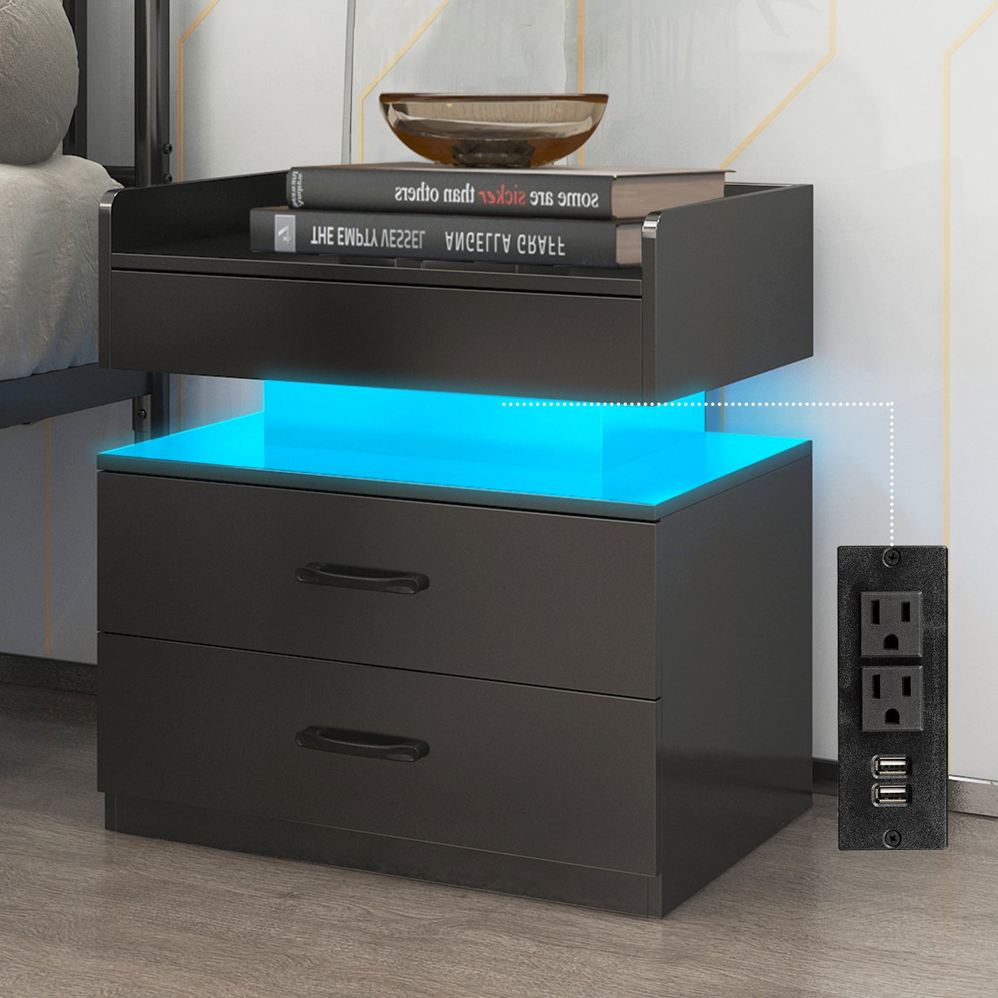 iRerts Bedside Table with Charging Station, Wood High Gloss Nightstand for Bedroom with Plug Outlet, 2 USB Ports, 2 Drawers, 16 LED Lights, Modern Night Stands End Side Table for Bedroom Office, Black