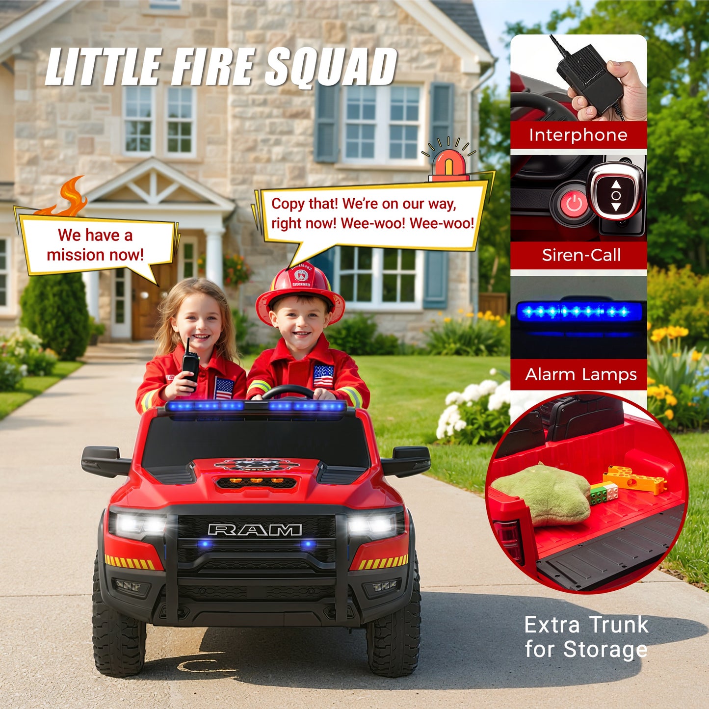 24V Licensed RAM 1500 Ride on Fire Truck for Kids, 2 Seater Ride on Car with Parent Remote Control, Bluetooth, LED Lights, Siren, Rear Storage, 4-Wheel Suspension, Ages 3-8, Red