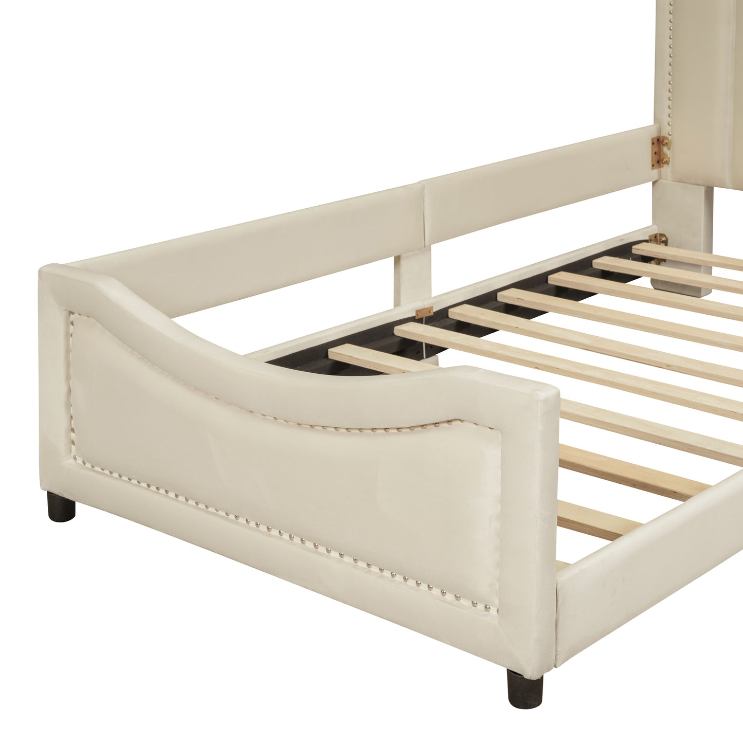 iRerts Upholstered Twin Platform Bed Frame, Velvet Twin Daybed Frame with Classic Stripe Shaped Headboard and Footboard, Wood Twin Size Sofa Bed for Kids Girls Boys, No Box Spring Needed, Beige