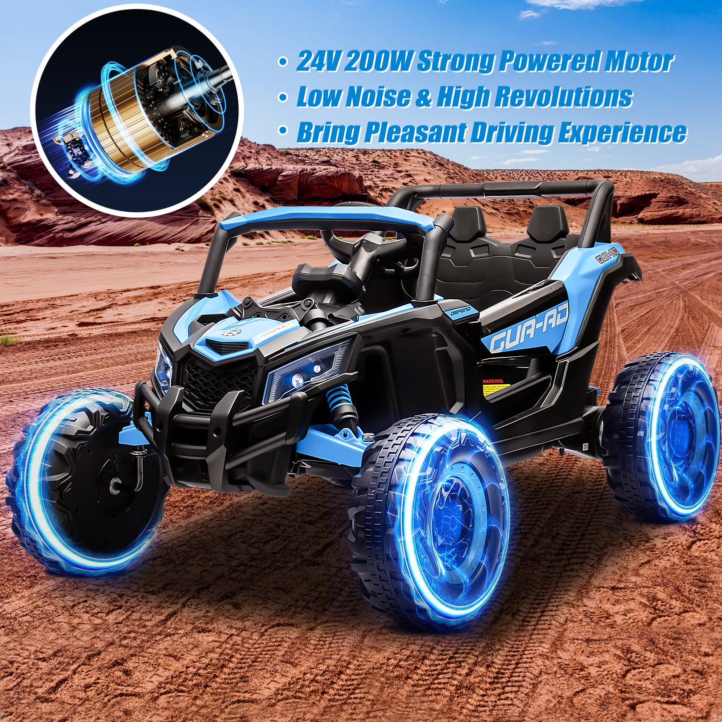 iRerts Blue 24V Battery Powered Ride on UTV Cars for Boys Girls, Kids Ride on Toys with Remote Control, Music, LED Light, USB, Bluetooth, Large Seat Kids Electric Vehicle for Christmas Birthday Gifts