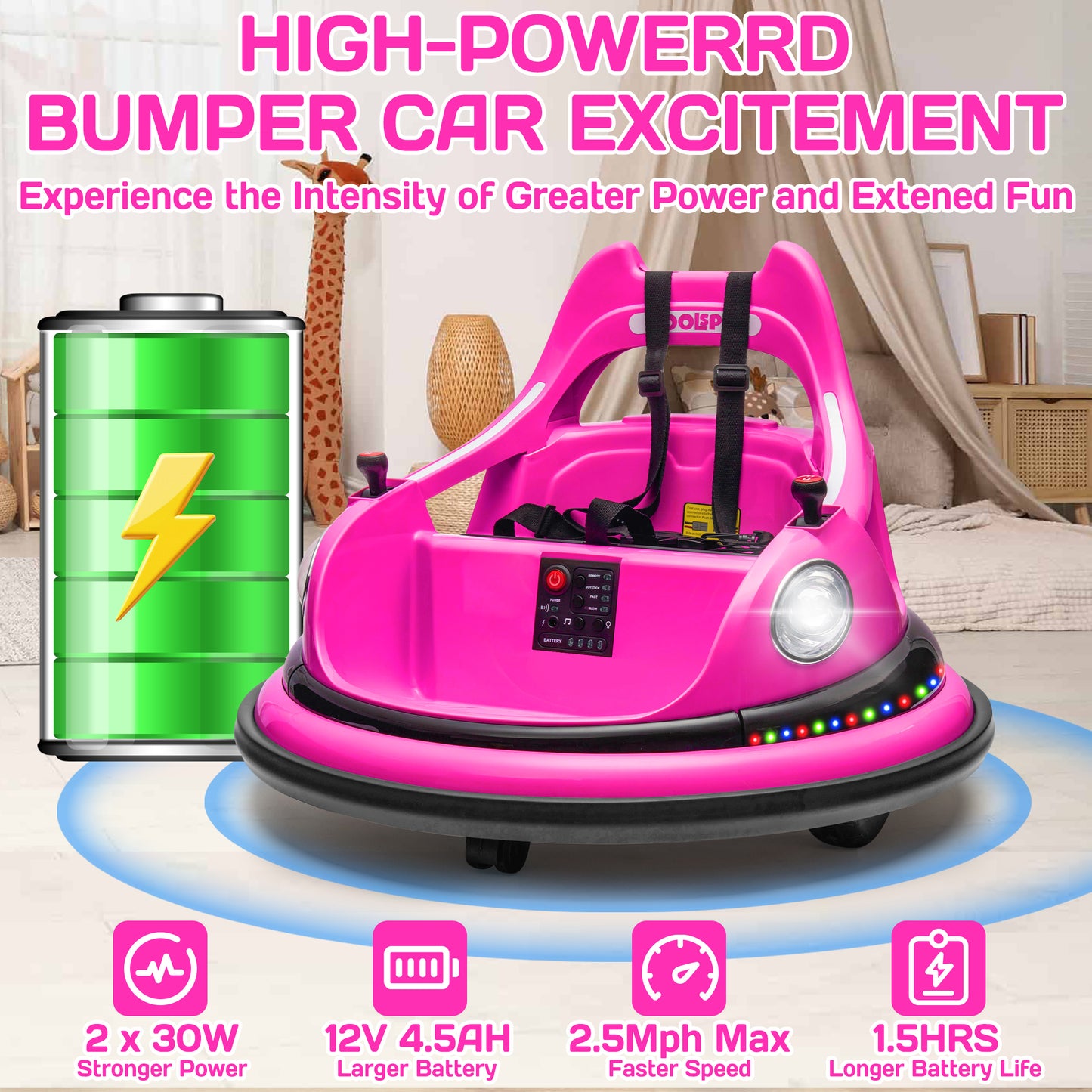 iRerts 12V Bumper Cars for Kids, Bumper Car Ride on with Remote Control, Battery Powered Kids Ride on Toys for 2-5 Year Old Boys Girls, Kids Electric Cars with Bluetooth, Music, LED Light, Pink