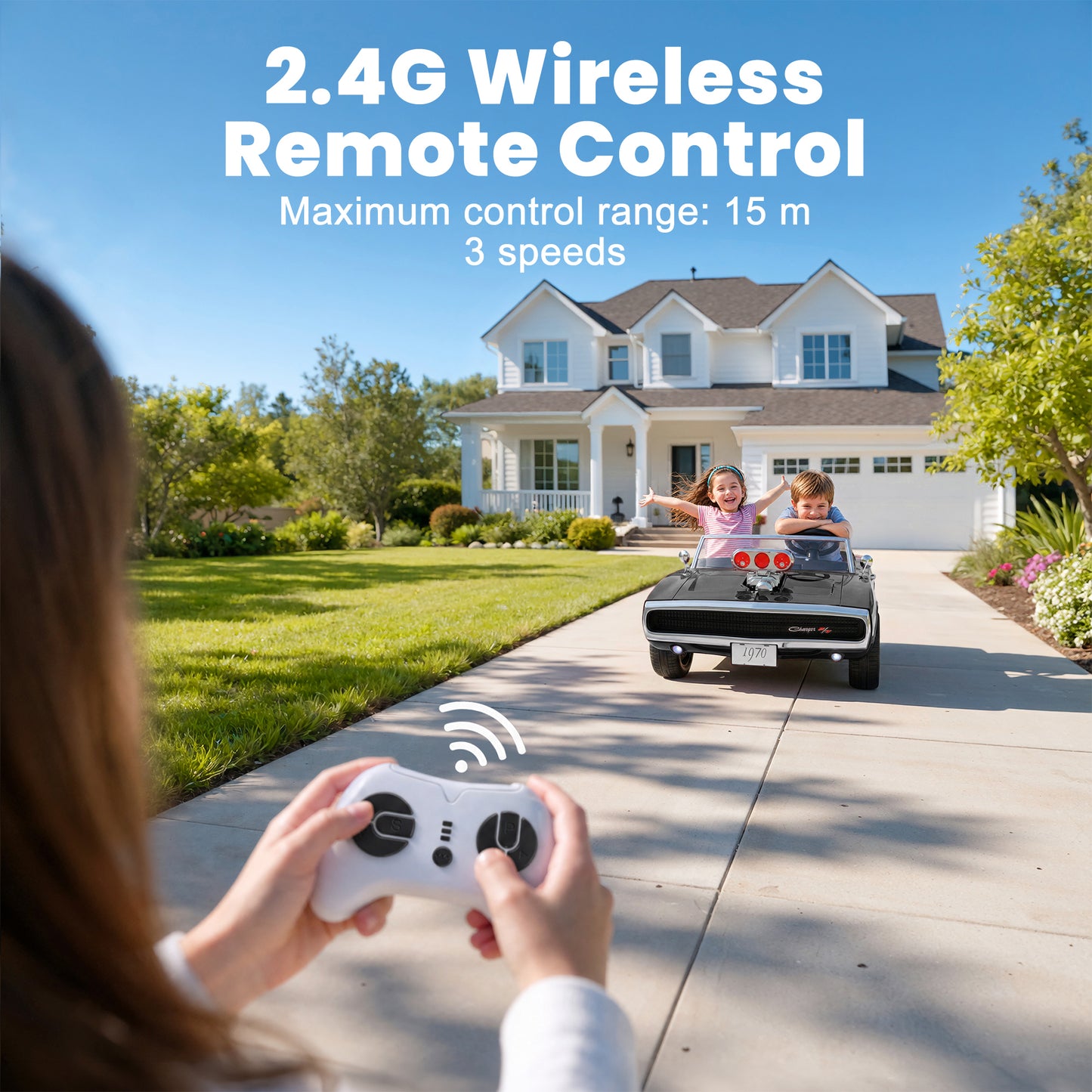 Dodge 24V 2 Seater Ride on Car with Remote Control/Bluetooth, Dodge Charger R/T 1970 Battery Powered Ride on w/4-Wheel Suspension, Electric Car for Kids Toddler