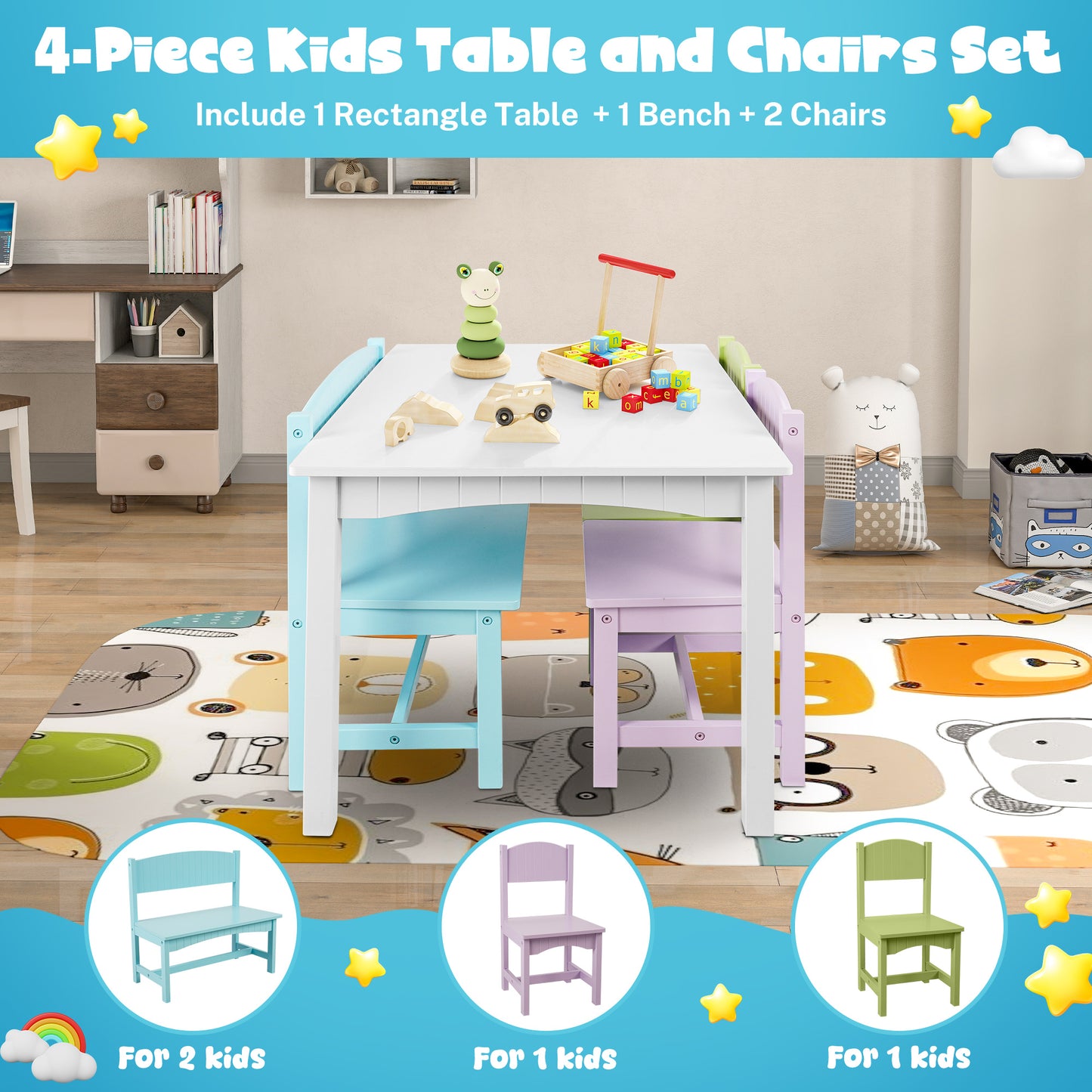 iRerts Kids Table and Chairs Set 5 Piece, Wooden Table and 4 Chairs with Storage Function for Children Toddler, Gray and White