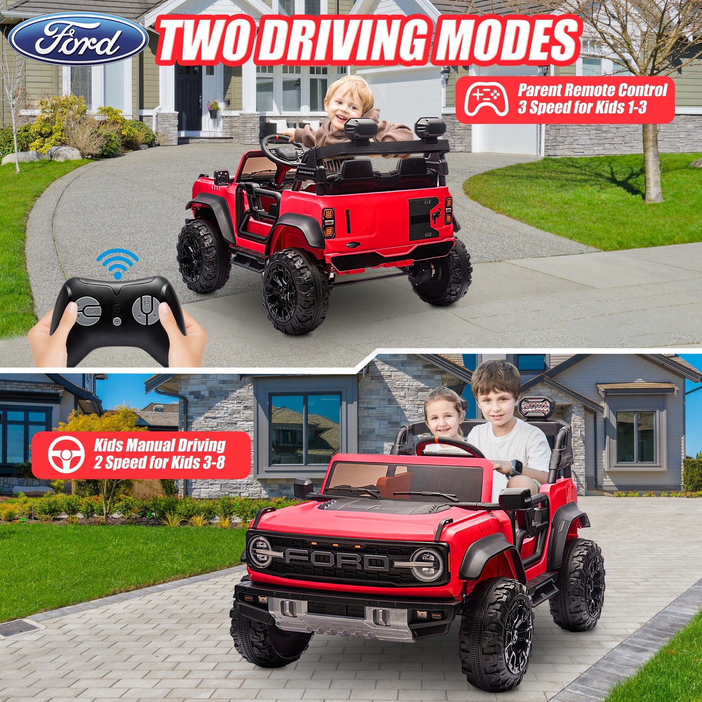 24V 2 Seater Ride on Toy Car, Licensed Ford Bronco Raptor Ride on Trucks with Remote Control, Bluetooth Music Player, Spring Suspension, Battery Powered Electric Car for Kids Boys Girls Ages 3-8, Red