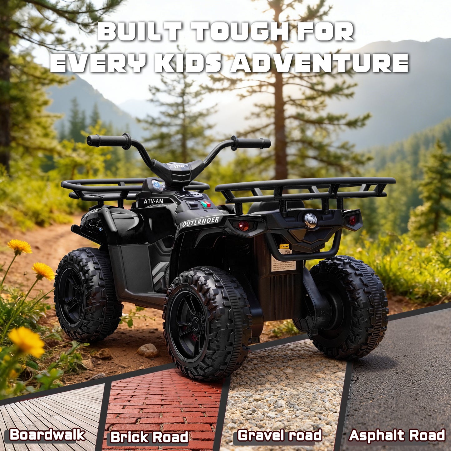 iRerts 24V Ride on ATV, Powered Ride on Toys for Kids Boys Girls Ages 3-5, Kids 4 Wheeler Electric Cars with Bluetooth, Music, LED Headlights, Front Rear Storage Racks, Crash Bars, Black