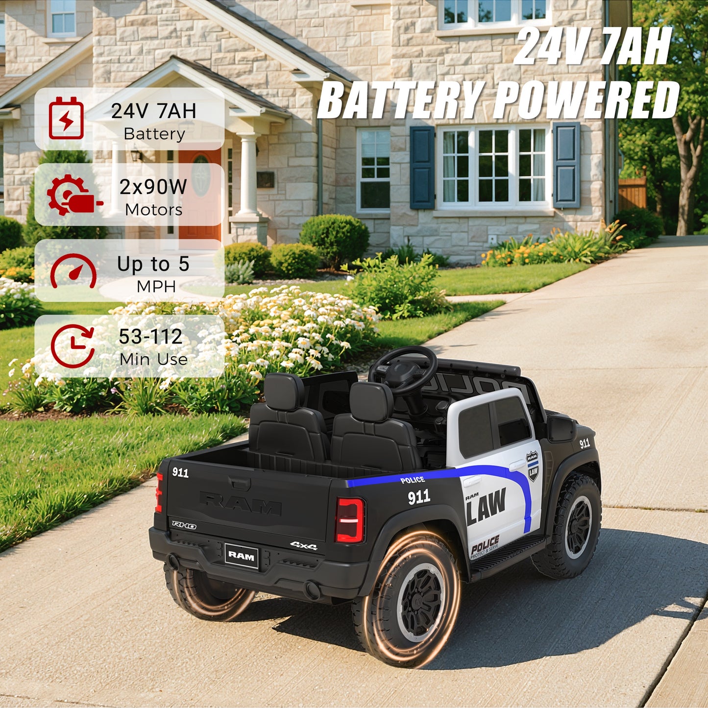 24V Licensed RAM 1500 Ride on Police Car for Kids, 2 Seater Ride on Car with Parent Remote Control, Bluetooth, LED Lights, Siren, Rear Storage, 4-Wheel Suspension, Ages 3-8, Black