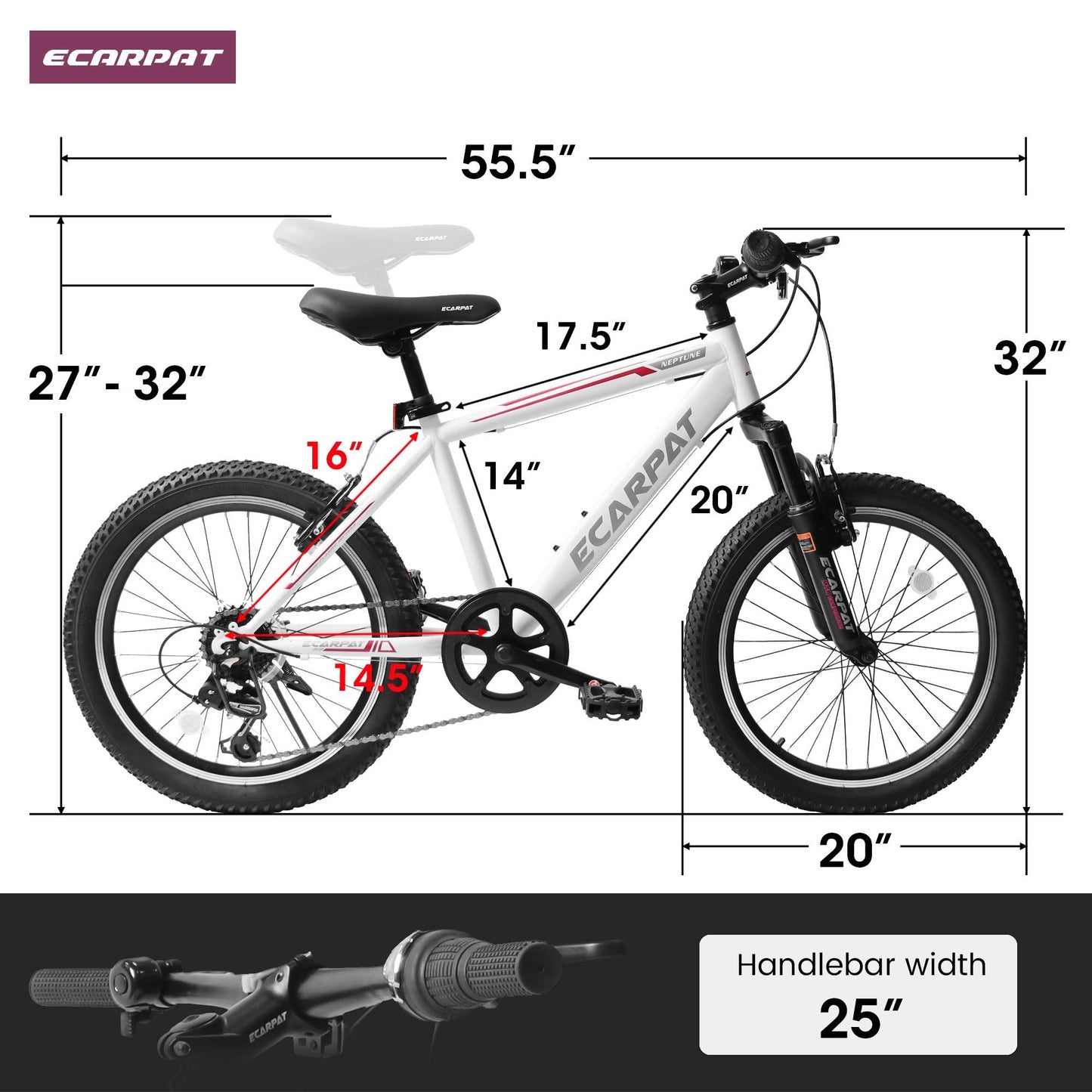 iRerts 20" Kids Bike for 8-12 Year Olds Boys Girls, Gears Shimano 7 Speed Mountain Bike for Kids, Children Bicycle with Adjustable Seat Saddle, Steel Frame Girls Boys Sports Bikes with V-Brake, White