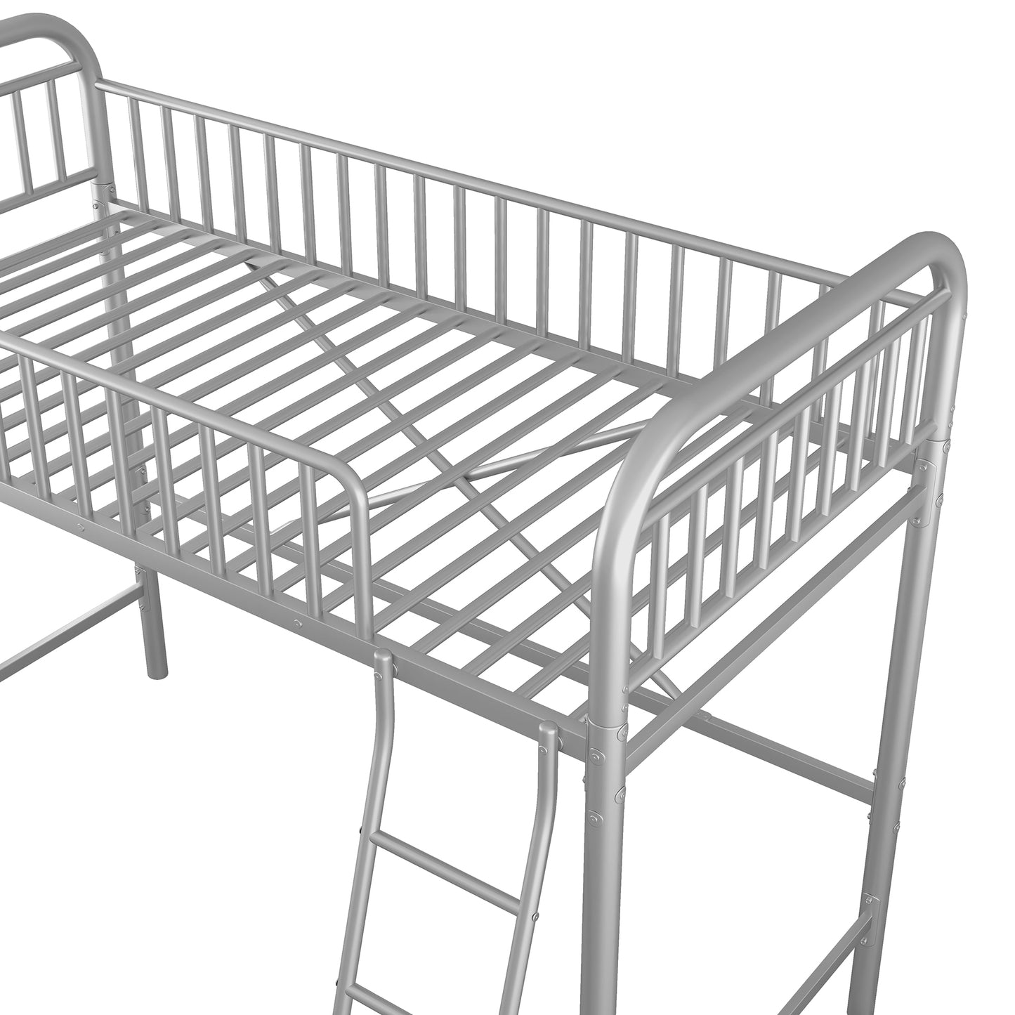 iRerts Silver Loft Bed Twin Size, Twin Metal Loft Bed for Kids Teens, Twin Size Loft Bed with Ladder, Full-Length Guardrails, No Box Spring Needed, Modern Twin Loft Bed for Bedroom, Dorm, Guest Room