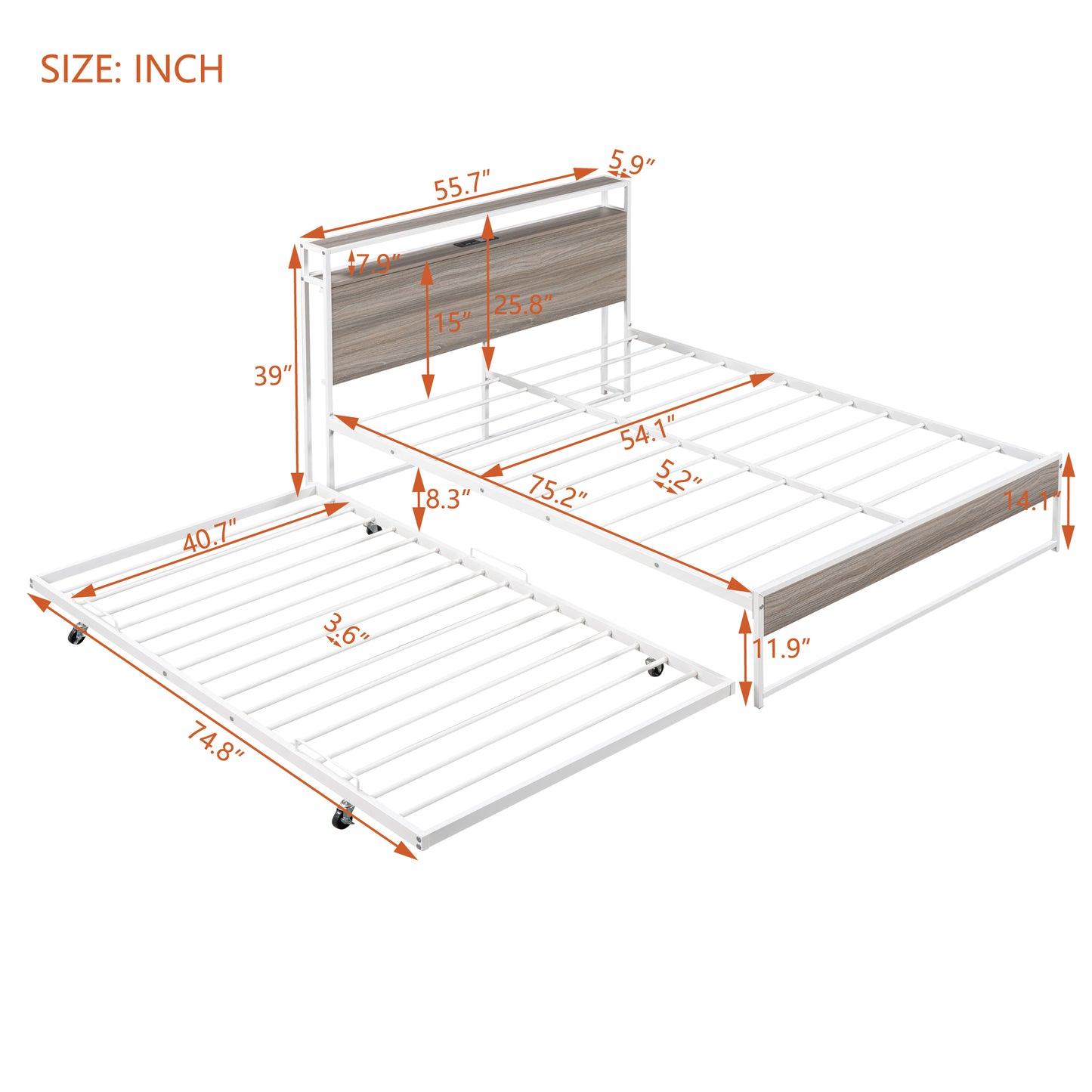 Full Size Metal Platform Bed Frame with Twin Size Trundle, Full Size Bed Frame with Storage Headboard, Outlet/USB Ports, Steel Slat Support, Full Bed Frame No Box Spring Needed for Bedroom, White