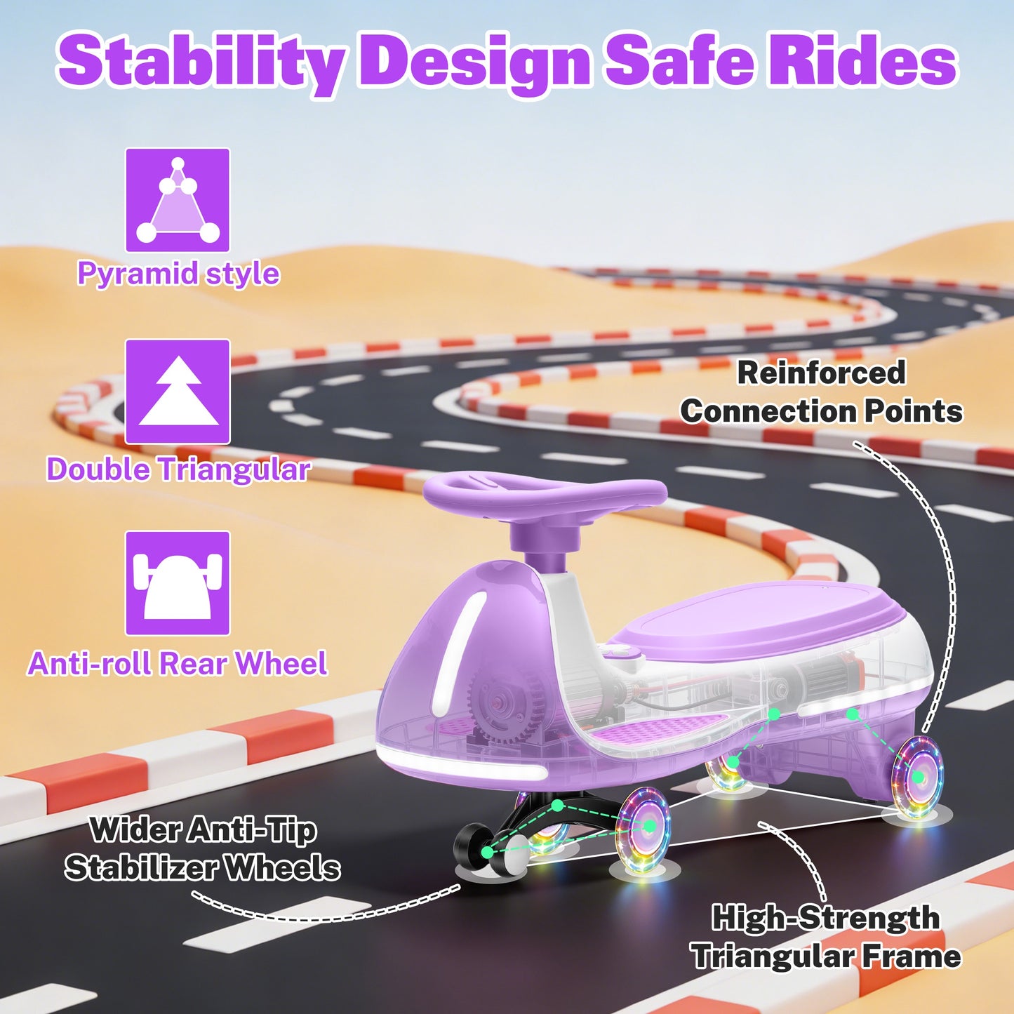 iRerts 12V Ride on Toys, Electric Ride on Wiggle Car with Pedal, 2 in 1 Swing Car Kids Wiggle Car for Toddlers Ages 3+, Kids Cars with Flashing PU Wheels, Bluetooth Music, 5MPH Max Speed, Purple
