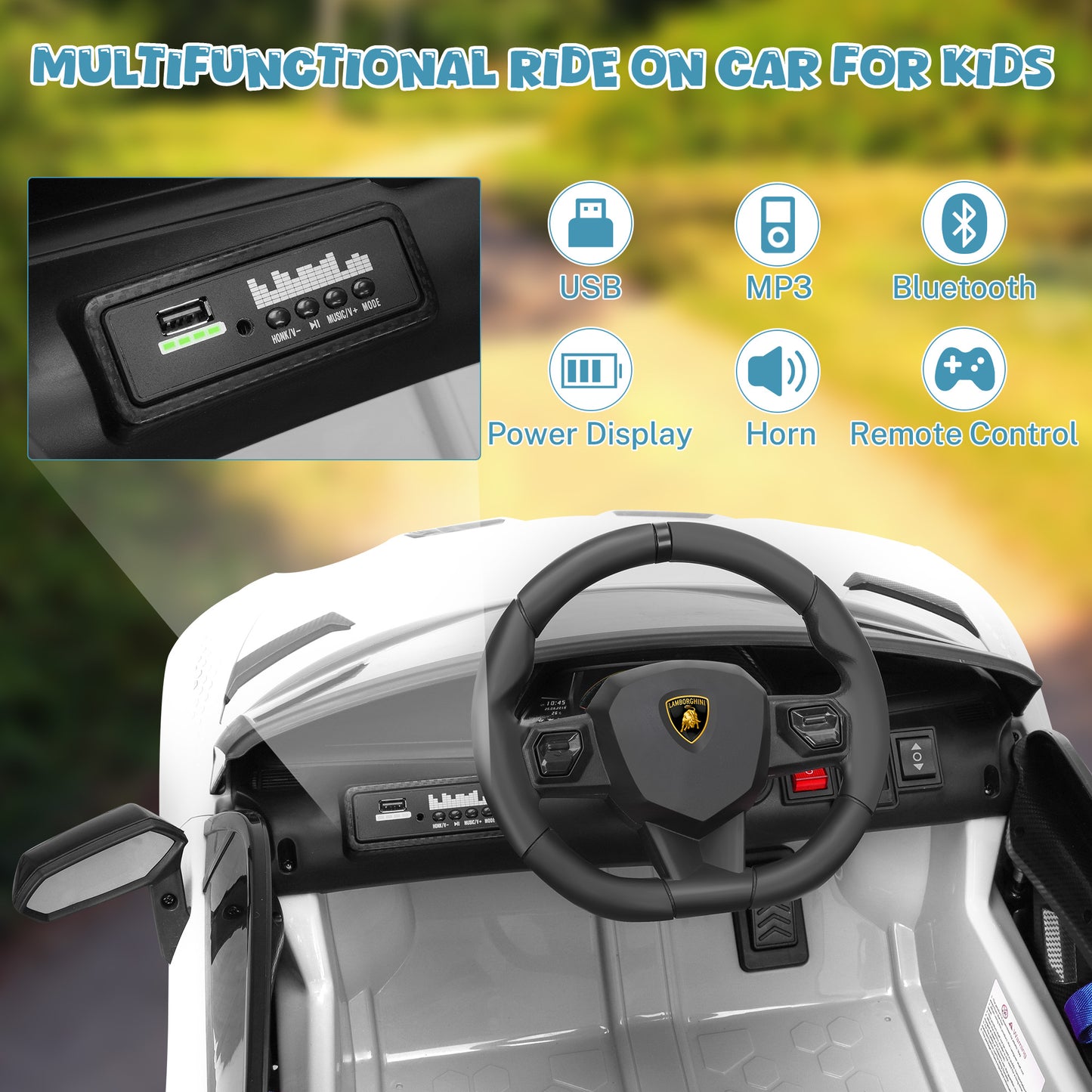 12V Powered Kids Ride on Car Toy with Remote Control, Licensed Lamborghini Sport Car for Girls Boys 3-5 Years Old, Electric Vehicle Car w/ Bluetooth, Fours Wheels