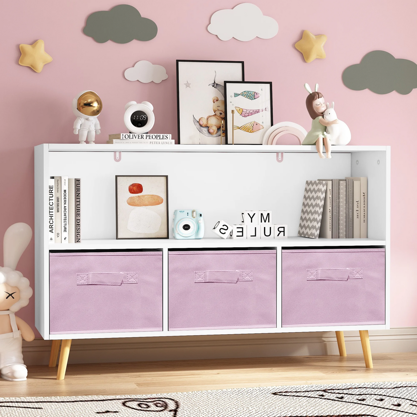 Kids Bookcase with Storage, Wooden Bookshelf and Toy Storage Organizer Cabinet, Cubes Bookshelf for Toddlers Children Boys Girls in Kids Room Furniture/ Bedroom/ Living Room