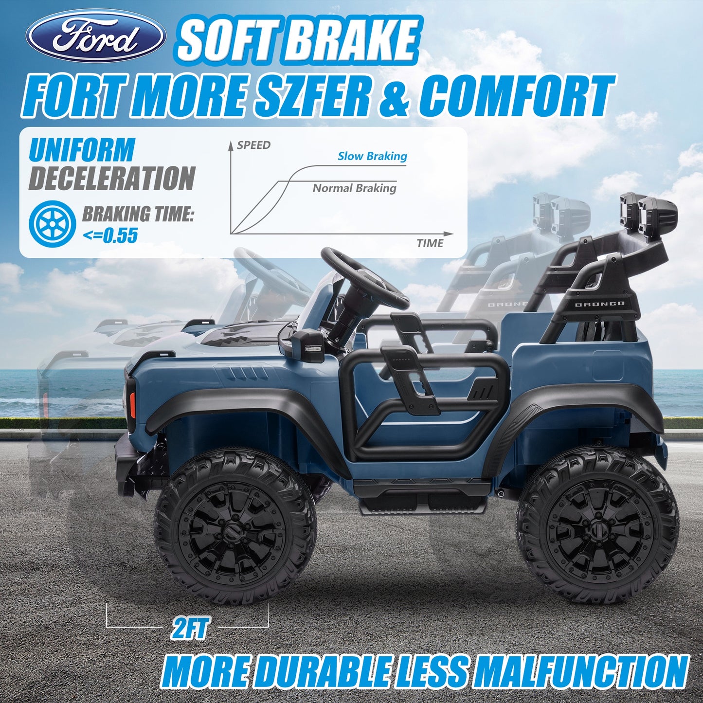 24V 2 Seater Ride on Toy Car, Licensed Ford Bronco Raptor Ride on Trucks with Remote Control, Bluetooth Music Player, Spring Suspension, Battery Powered Electric Car for Kids Boys Girls Ages 3-8, Blue