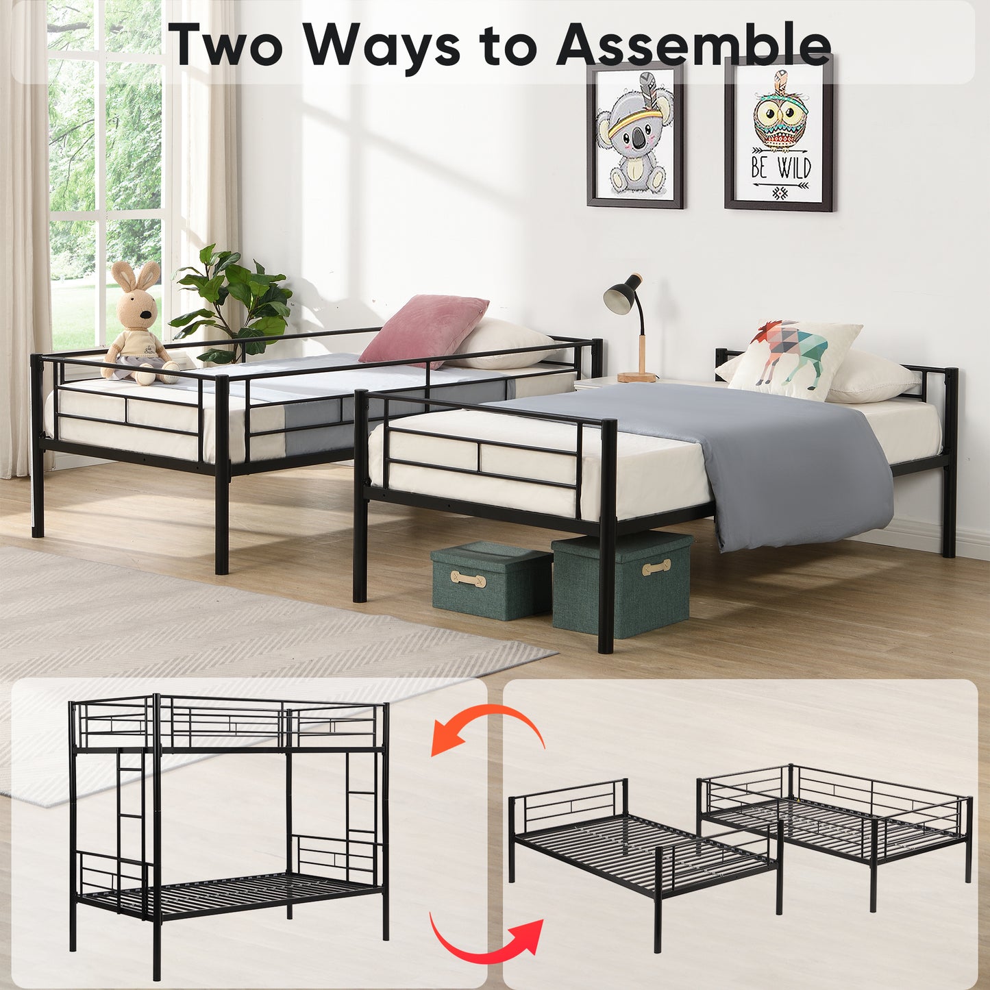 iRerts Metal Twin over Twin Bunk Bed, Convertible Bunk Beds Twin over Twin with 2 Ladders and Full-Length Guardrail, Modern Twin Bunk Beds for Adults Teens Kids Bedroom, No Box Spring Needed, Black