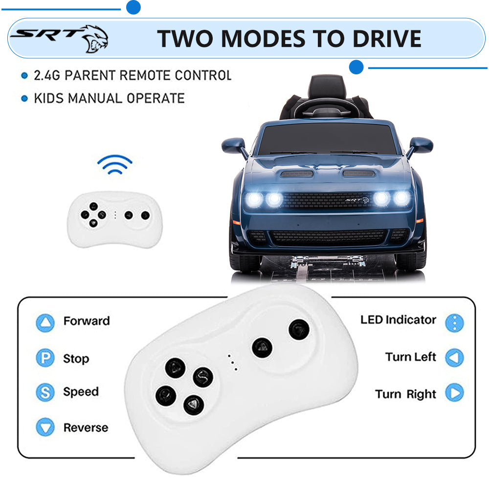 Dodge Challenger 12V Ride On Cars with Remote Control, kids Electric Car with Bluetooth, LED Light, USB, MP3, Battery Powered Ride on Toys for 3-5 Years Old Kids Boys Girls Birthday Gifts, Blue