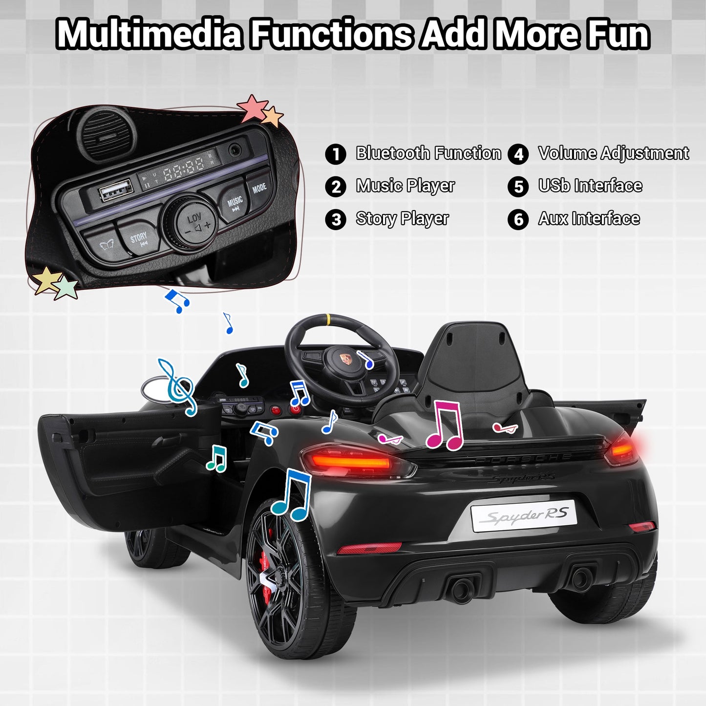 12V Powered Ride On Toys, Licensed Porsche 718 Ride on Car for Kids Boys Girls Christmas Gifts Ages 3-5, Kids Cars Electric Vehicle with Remote Control, Bluetooth, Music, LED Light, 4 Wheeler, Black