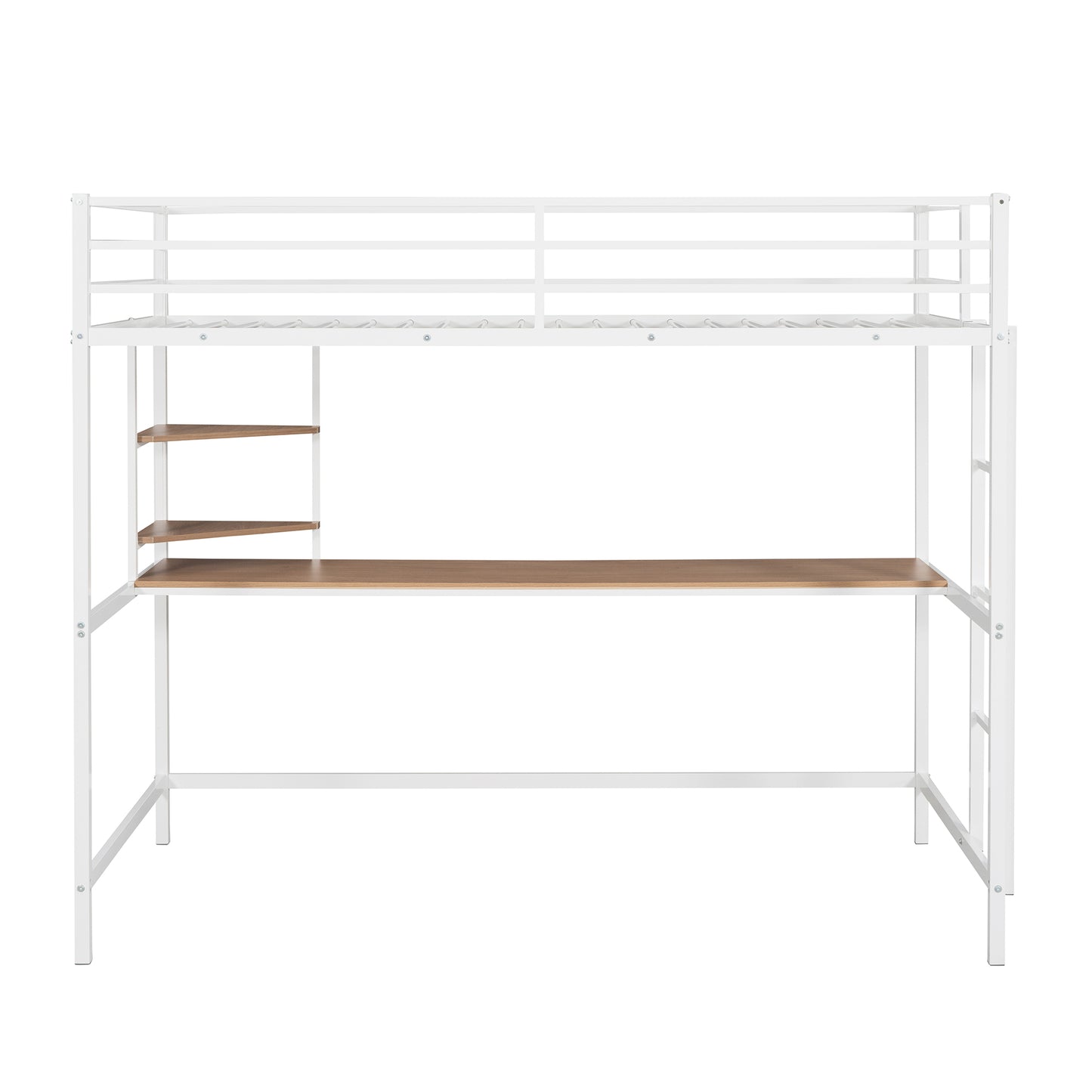 iRerts Twin Loft Bed, Twin Metal Loft Bed with Shelf and Desk, Twin Size Loft Bed with Safety Guardrail, Modern Twin Loft Bed Frame for Dorm Bedroom Guest Room, No Box Spring Needed, White