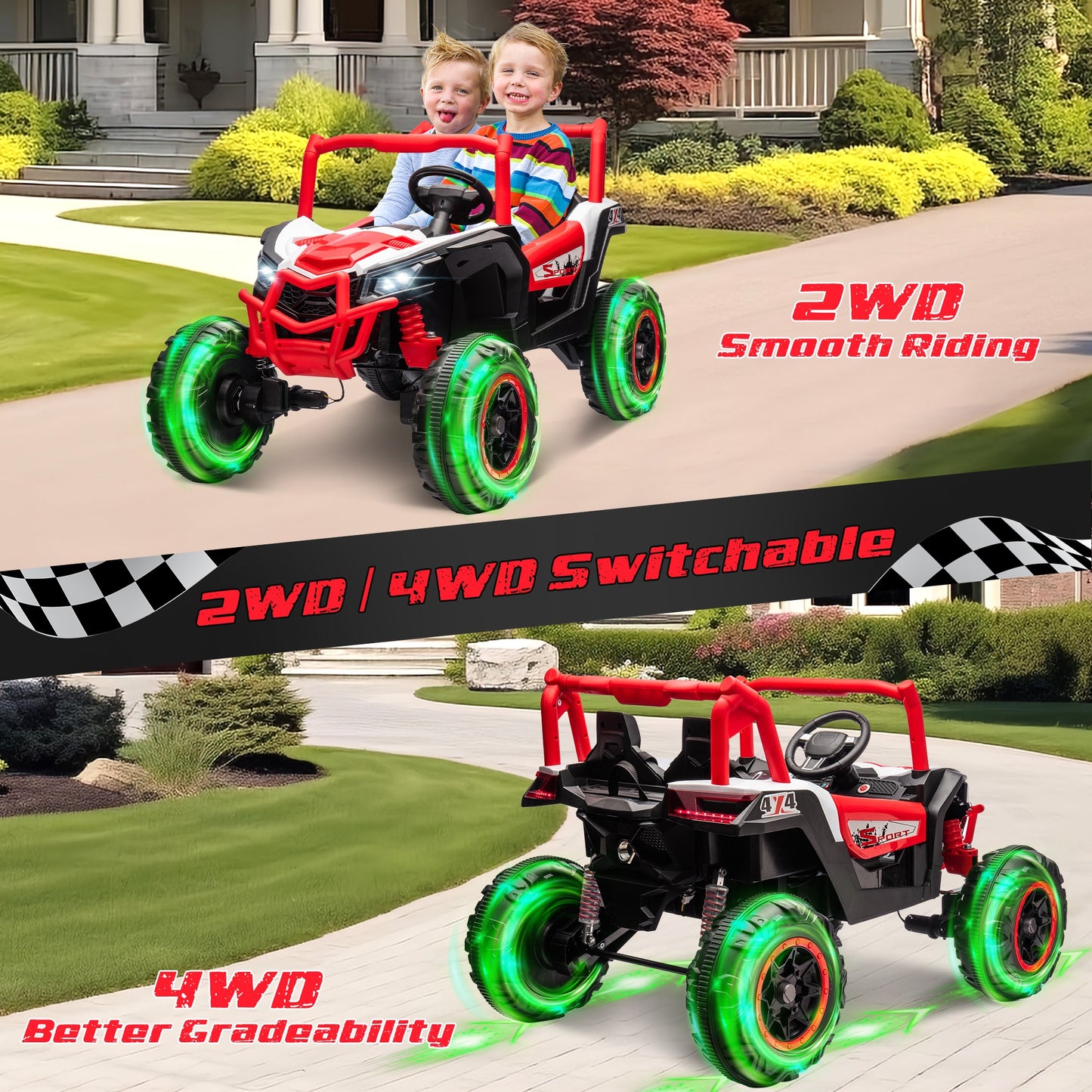 iRerts 24V Ride on UTV Cars 2 Seater, Kids Electric Ride on Toy Car with Remote Control, Music, LED Light, USB, Bluetooth, Kids Electric Vehicle for Christmas Birthday Gifts, Red
