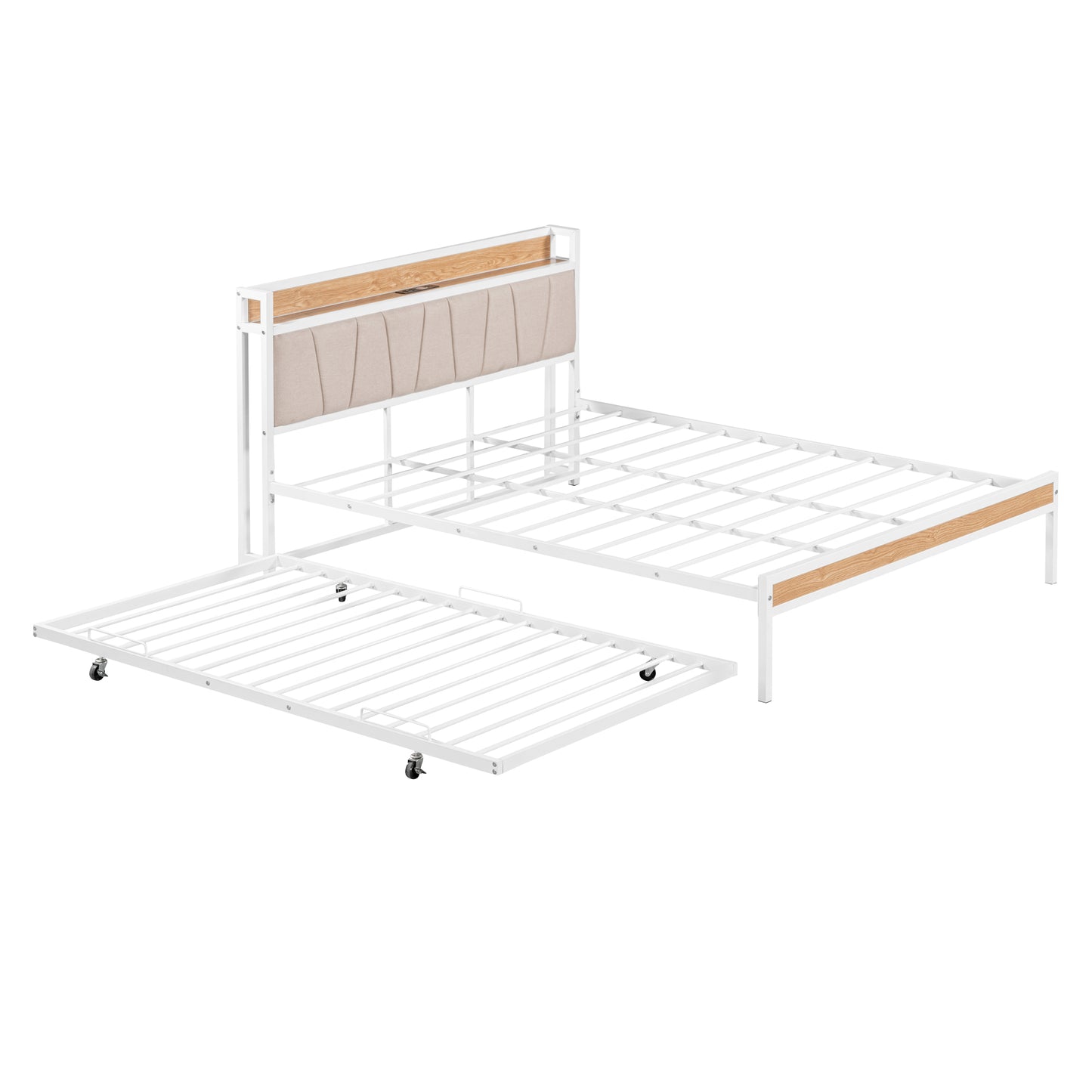 Queen Size Metal Platform Bed Frame with Twin Size Trundle, Queen Size Bed Frame with Upholstered Headboard, USB Ports, Steel Slat Support, Queen Bed Frame No Box Spring Needed for Bedroom, White