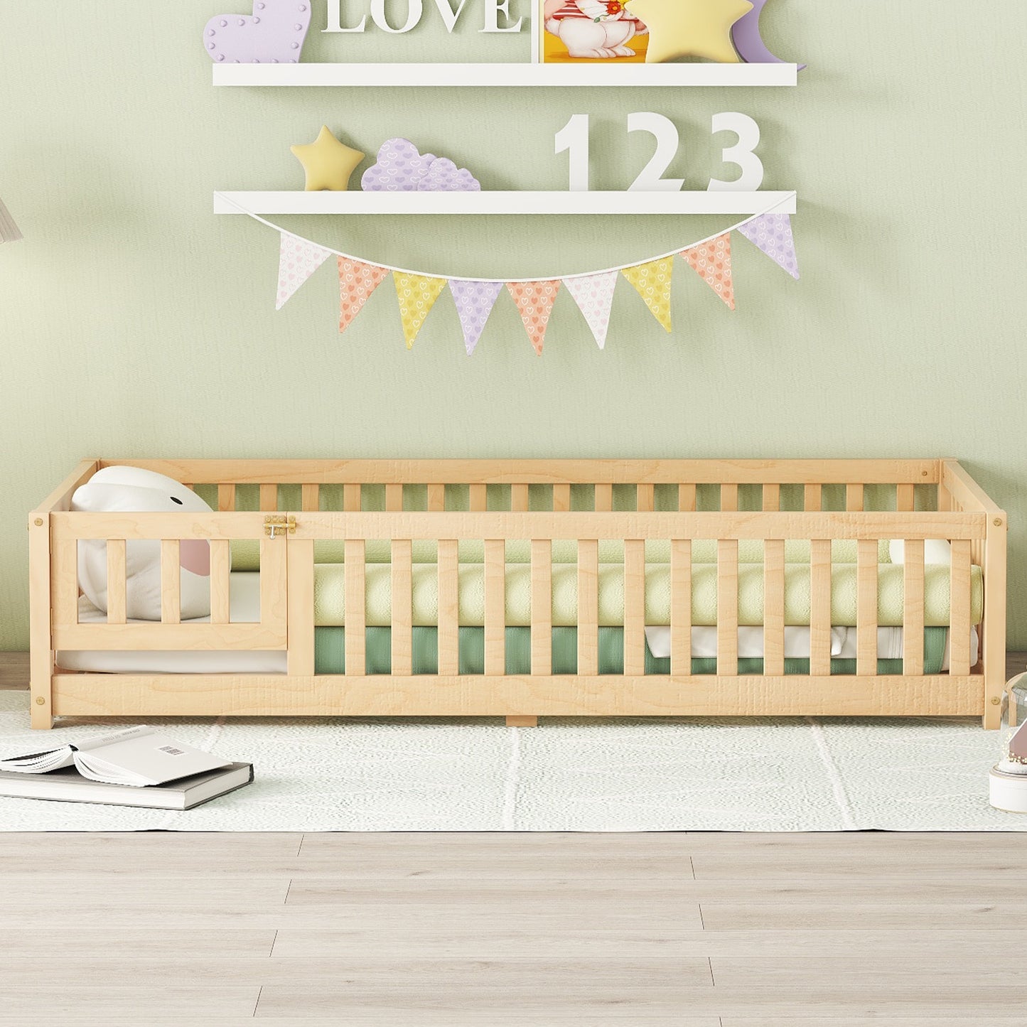 iRerts Twin Floor Bed Frame for Toddlers Kids, Wood Twin Montessori Bed Frame with Slats, Fence, Door, Kids Montessori Bed Twin Size, Twin Toddler Bed Frame for Boys Girls, Natural