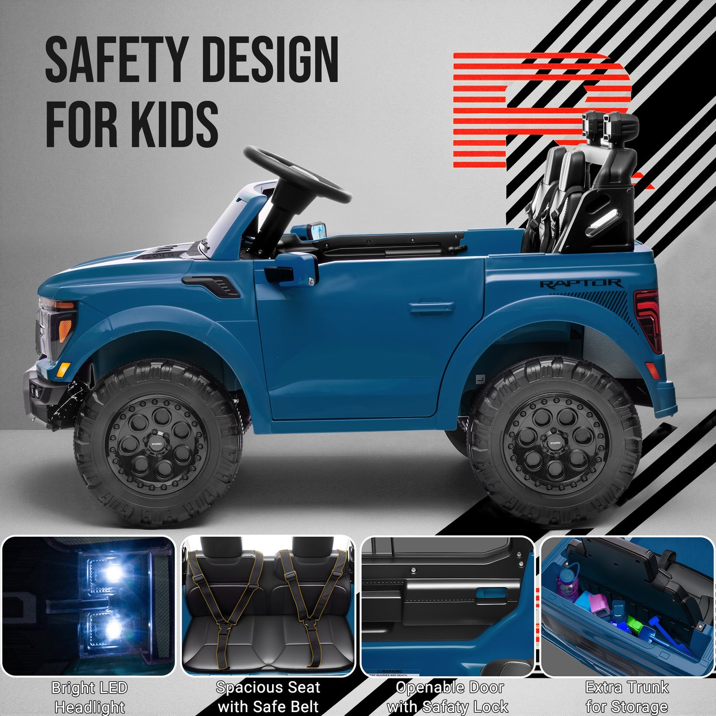 iRerts 24V Ride on Toys for Big Kids, Licensed Ford F 150 Raptor 2 Seater Ride on Cars with Remote Control, Bluetooth, FM Radio, LED Lights, 4 Wheels Suspension, Electric Car for Kids Ages 3-8, Blue