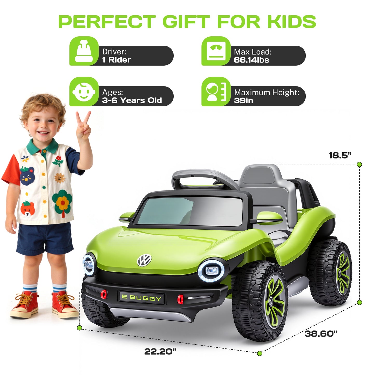 12V Electric Ride on Cars, Licensed Volkswagen Beetle Ride on Toys with Remote Control, Bluetooth, USB Port, Music, Rear Storage, LED Lights, Battery Powered Toddlers Electric Car for Kids Ages 3+