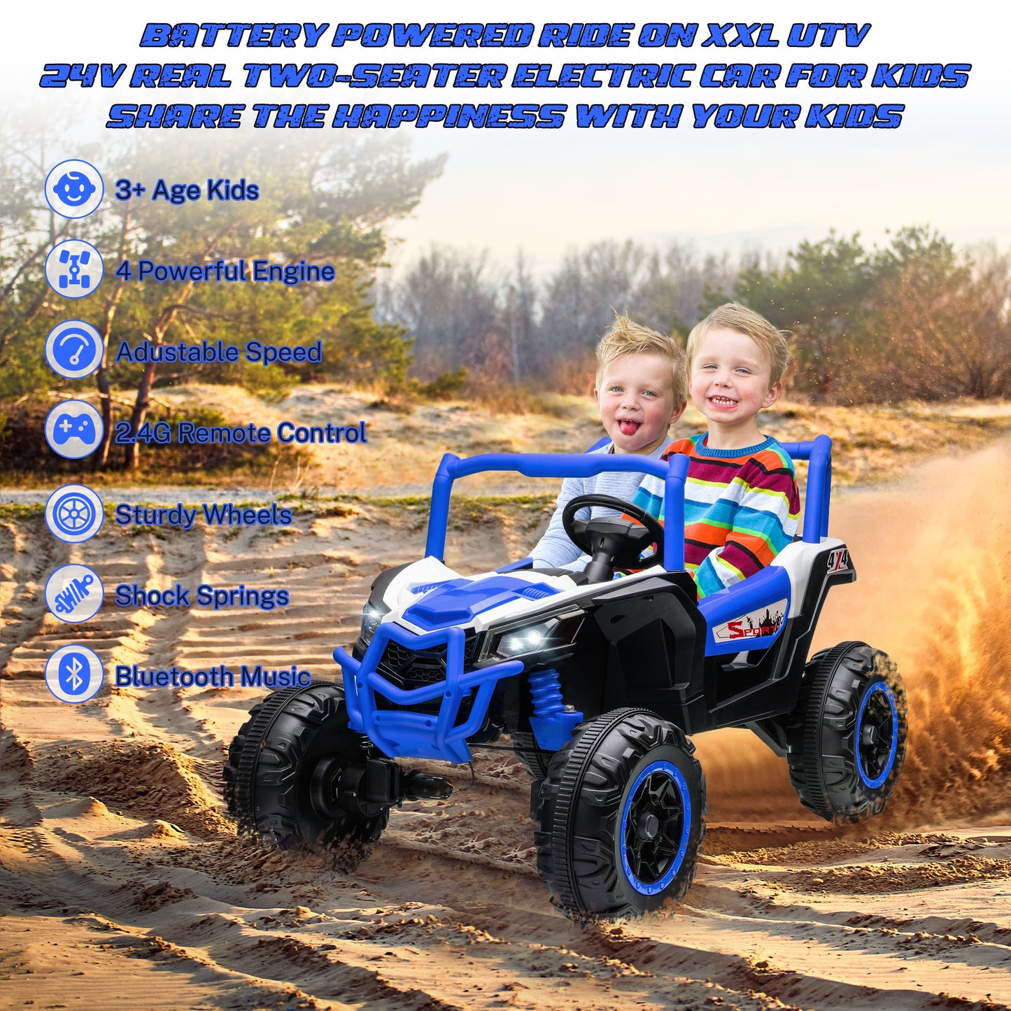 iRerts 24V Ride on UTV Cars 2 Seater, Kids Electric Ride on Toy Car with Remote Control, Music, LED Light, USB, Bluetooth, Kids Electric Vehicle for Christmas Birthday Gifts, Blue