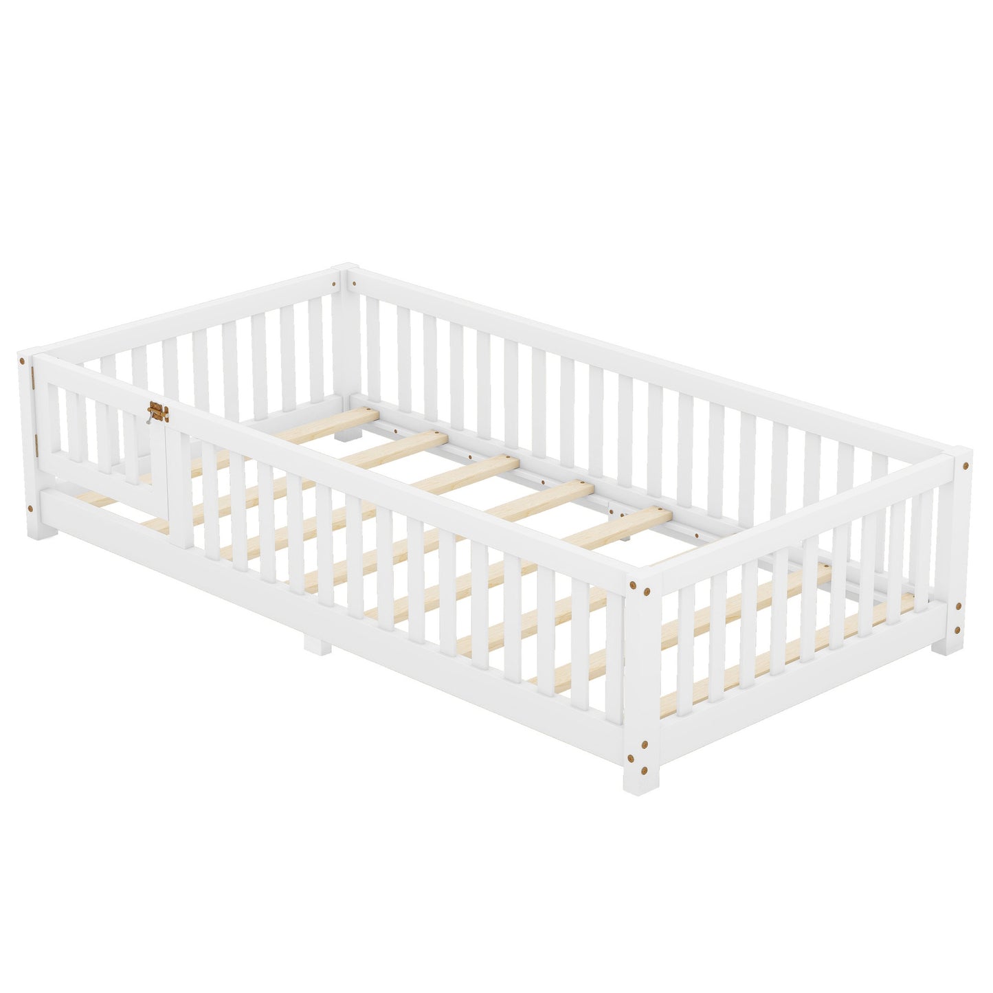 iRerts Twin Floor Bed Frame for Toddlers Kids, Wood Twin Montessori Bed Frame with Slats, Fence, Door, Kids Montessori Bed Twin Size, Twin Toddler Bed Frame for Boys Girls, White