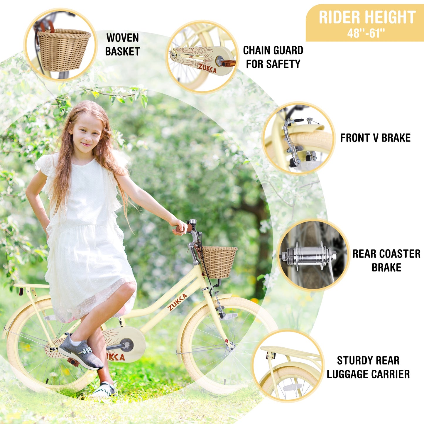 iRerts Girls Bike for 7-10 Years Old Kids, 20 Inch Bike with Basket, Brown Leather Saddle, Coaster Brakes, Retro Style Girls Bicycle Kids Cycle Bikes, Kids Bicycle for Gifts, Yellow