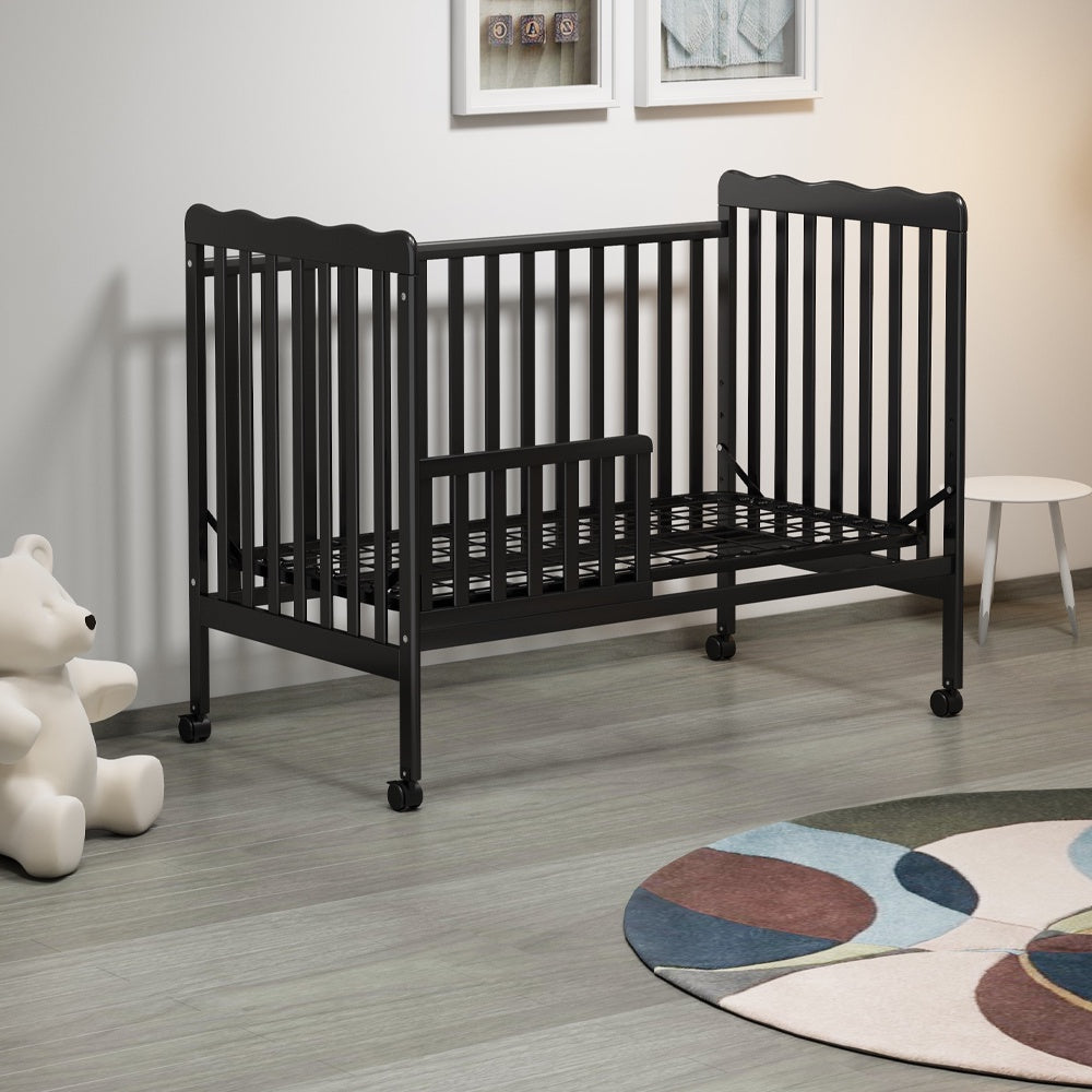 iRerts 3 In 1 Convertible Baby Crib, Wood Converts from Baby Crib to Toddler Bed and Daybed, Baby Bed with Locking Wheels, 4 Adjustable Mattress Heights, Non-Toxic Finish, Black