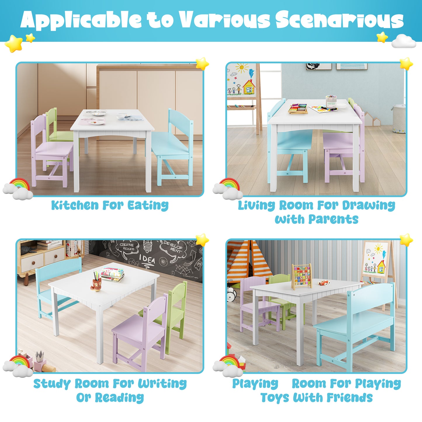 iRerts Kids Table and Chairs Set 5 Piece, Wooden Table and 4 Chairs with Storage Function for Children Toddler, Gray and White