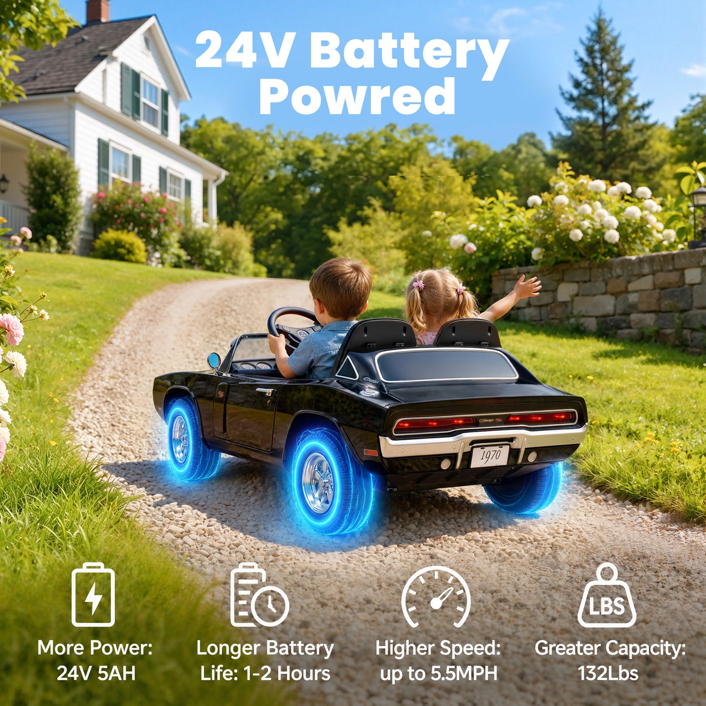 Dodge 24V 2 Seater Ride on Car with Remote Control/Bluetooth, Dodge Charger R/T 1970 Battery Powered Ride on w/4-Wheel Suspension, Electric Car for Kids Toddler