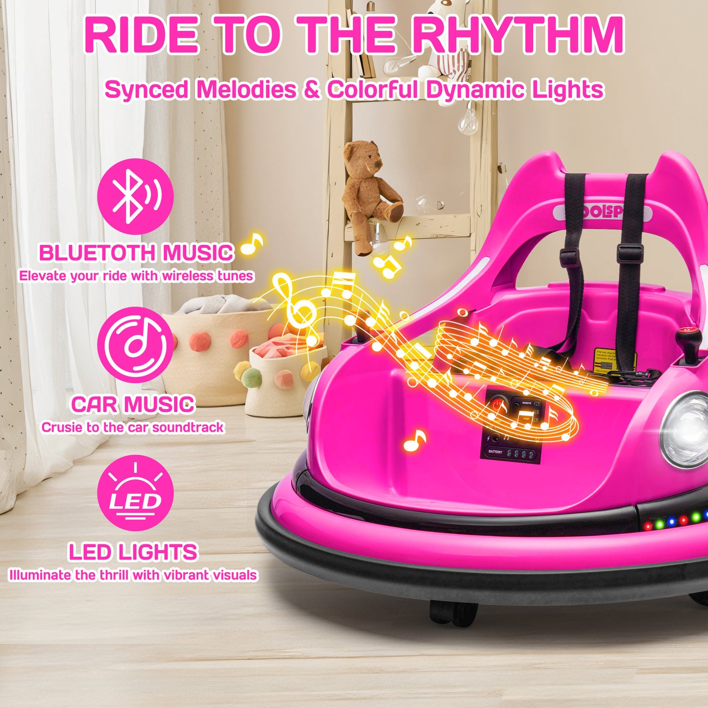 iRerts 12V Bumper Cars for Kids, Bumper Car Ride on with Remote Control, Battery Powered Kids Ride on Toys for 2-5 Year Old Boys Girls, Kids Electric Cars with Bluetooth, Music, LED Light, Pink
