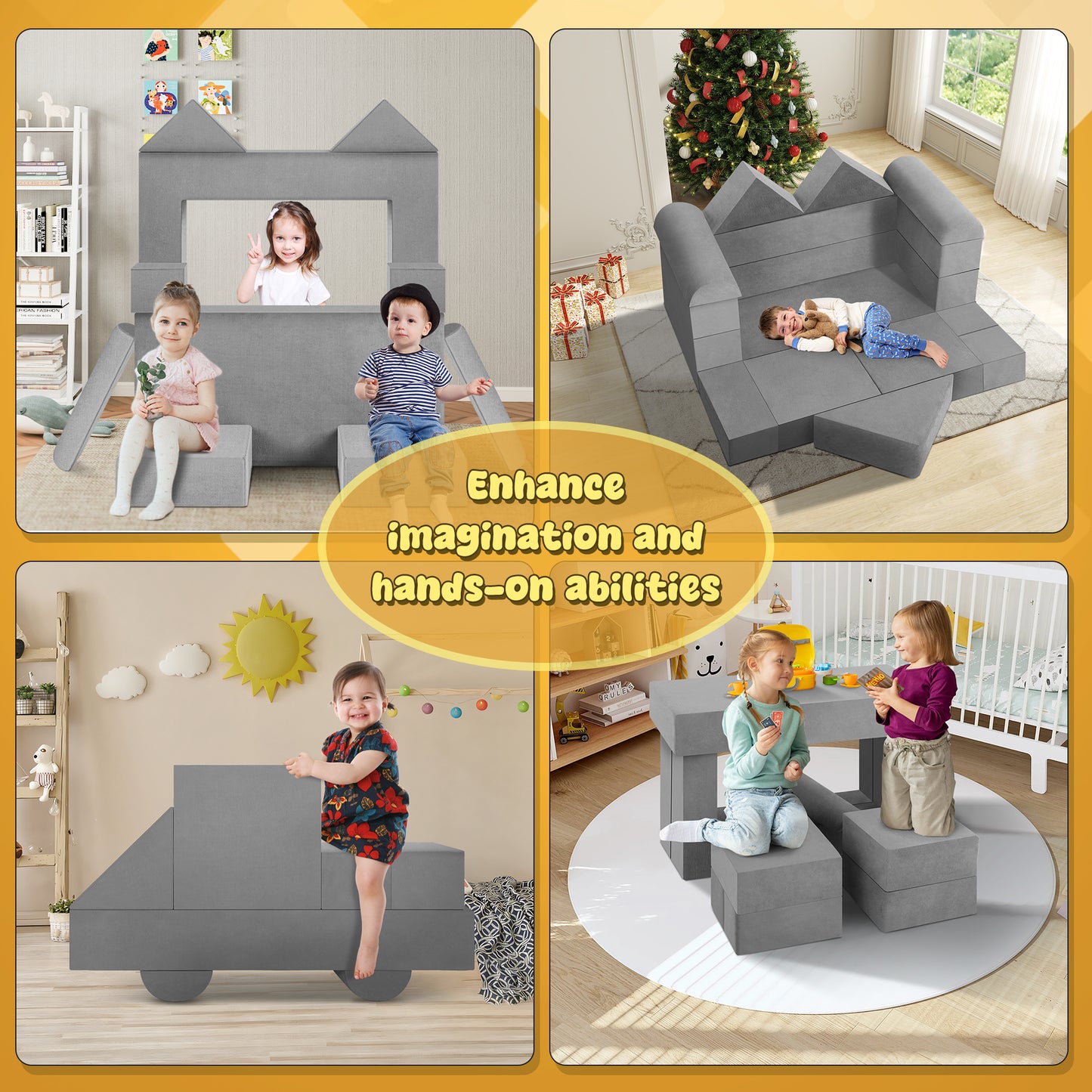 Modular Kids Play Couch, 12 Pcs Modular Sectional Sofa for Playroom Bedroom Floor, Convertible Form Couch Set for Tollders Children 1-3 Years Old, Imagination& Relaxation