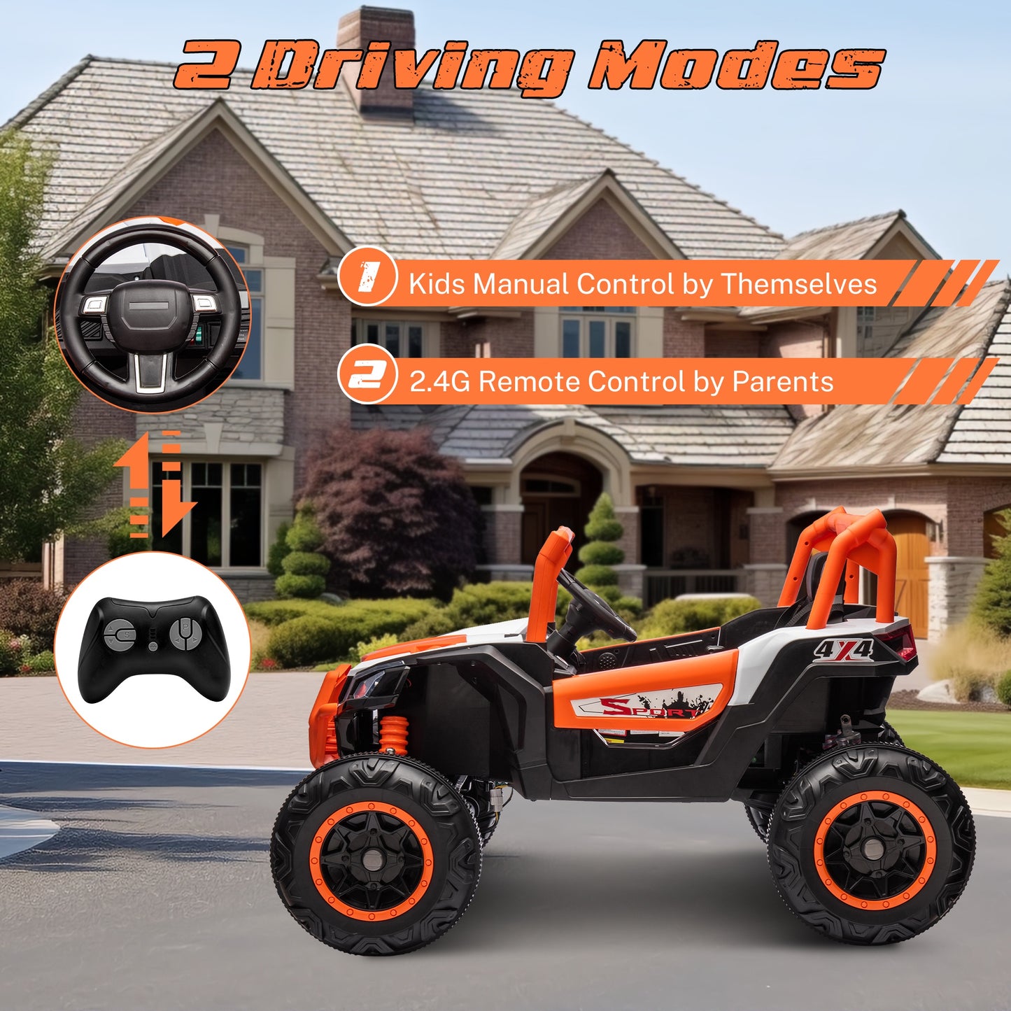 iRerts 24V Ride on UTV Cars 2 Seater, Kids Electric Ride on Toy Car with Remote Control, Music, LED Light, USB, Bluetooth, Kids Electric Vehicle for Christmas Birthday Gifts, Orange
