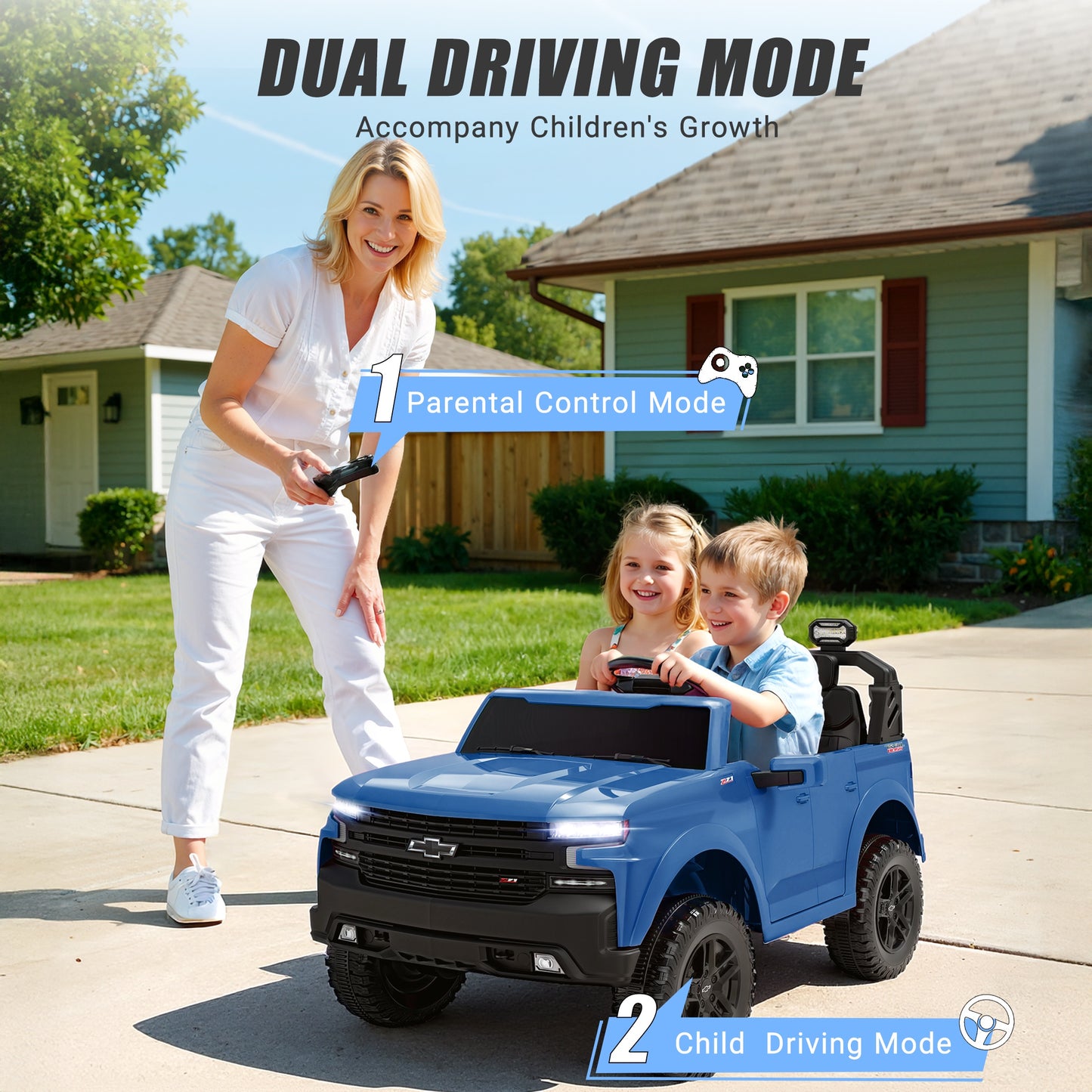 24V Powered Ride on Toys Car, Licensed Chevrolet Silverado 2 Seater Ride on Cars with Remote Control, Spring Suspension, LED Lights, Bluetooth Music, Toddler Electric Car for Kids Ages 3+, Blue