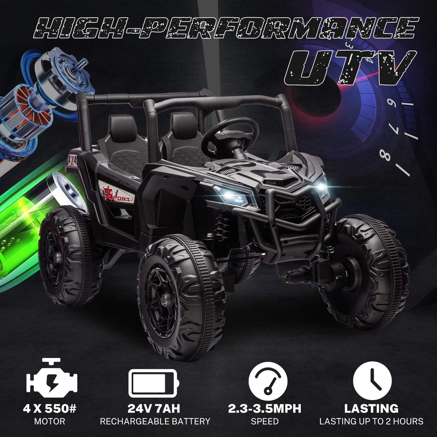 iRerts 24V Ride on UTV Cars 2 Seater, Kids Electric Ride on Toy Car with Remote Control, Music, LED Light, USB, Bluetooth, Kids Electric Vehicle for Christmas Birthday Gifts, Black