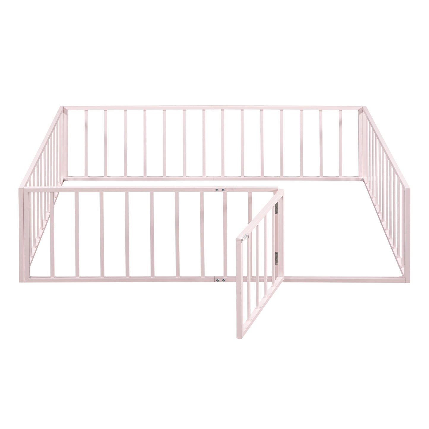 iRerts Full Floor Bed Frame, Metal Full Size Montessori Floor Bed Frame with Fence and Door, Kids Toddler Floor Bed Frame Full Size for Girls Boys, Twin Bed Frame without Bed Slats, Pink