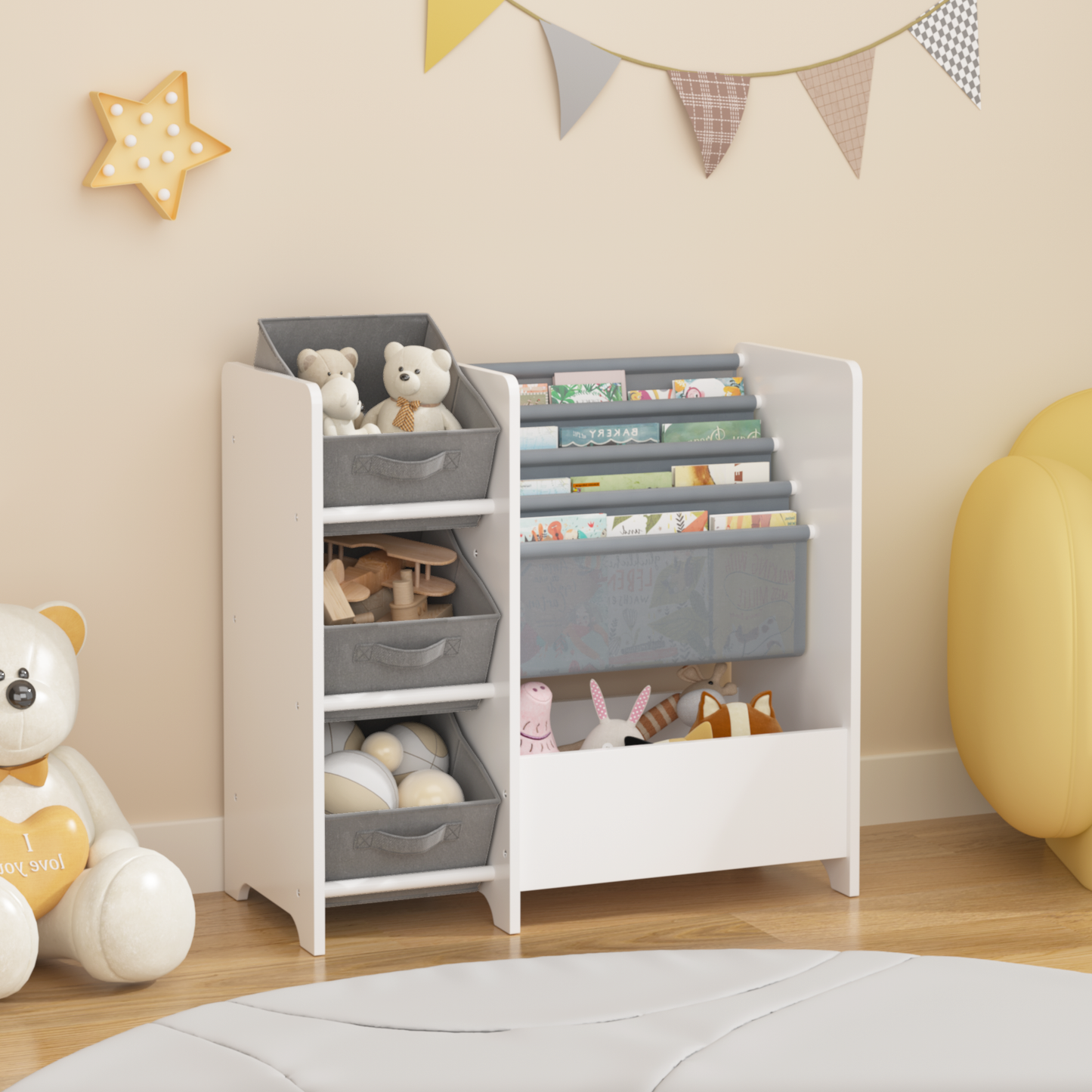 Kids Bookshelf and Toy Storage, Wooden Bookcase with 3 Drawers and 4 Book Display Shelf, Toy Storage Organizer with Bins, for Toddlers Kids Room Furniture/ Bedroom/ Living Room